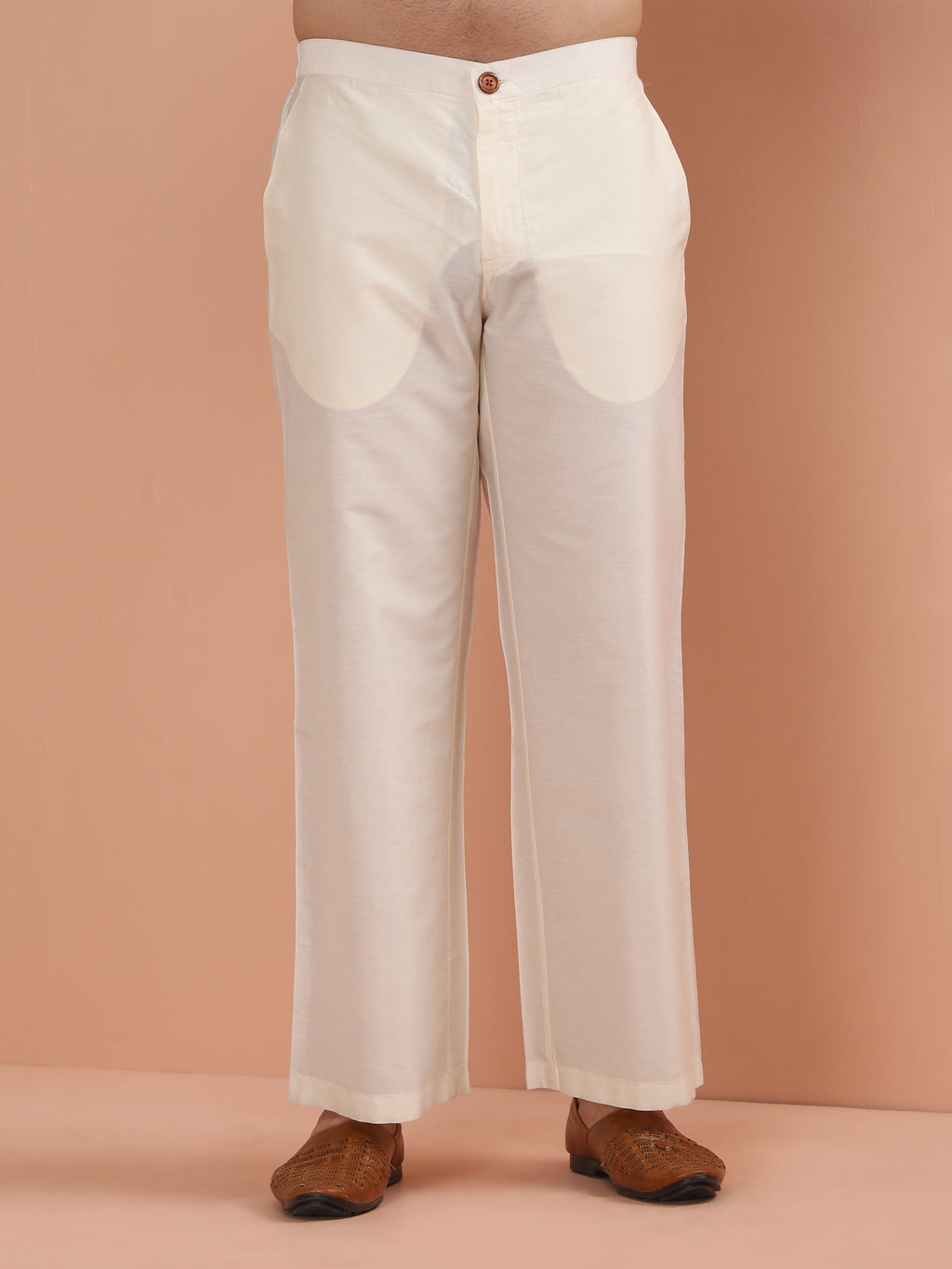 Cream Cotton Blend Solid Kurta Wide Leg Pant Set