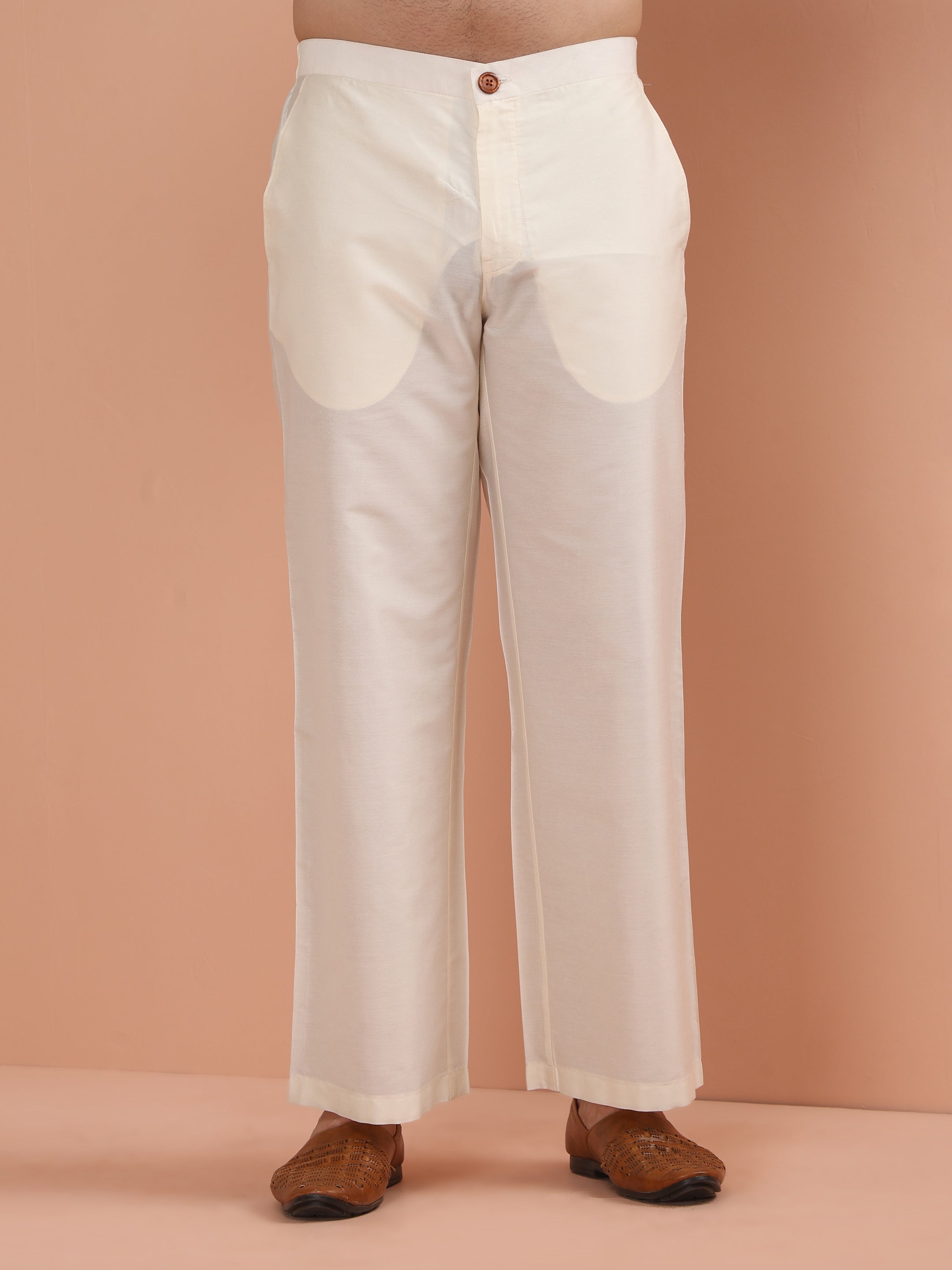 Cream Cotton Blend Solid Kurta Wide Leg Pant Set