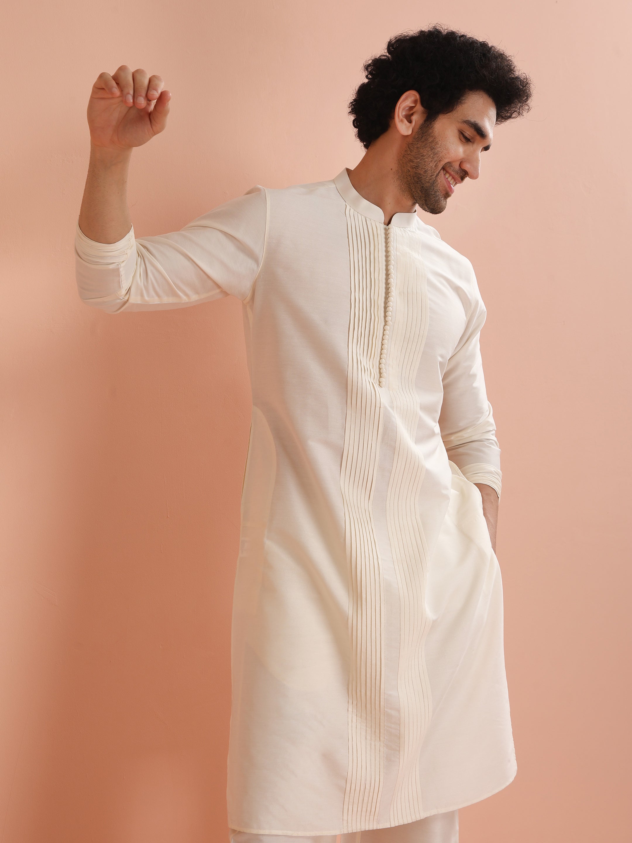 Cream Cotton Blend Solid Kurta Wide Leg Pant Set