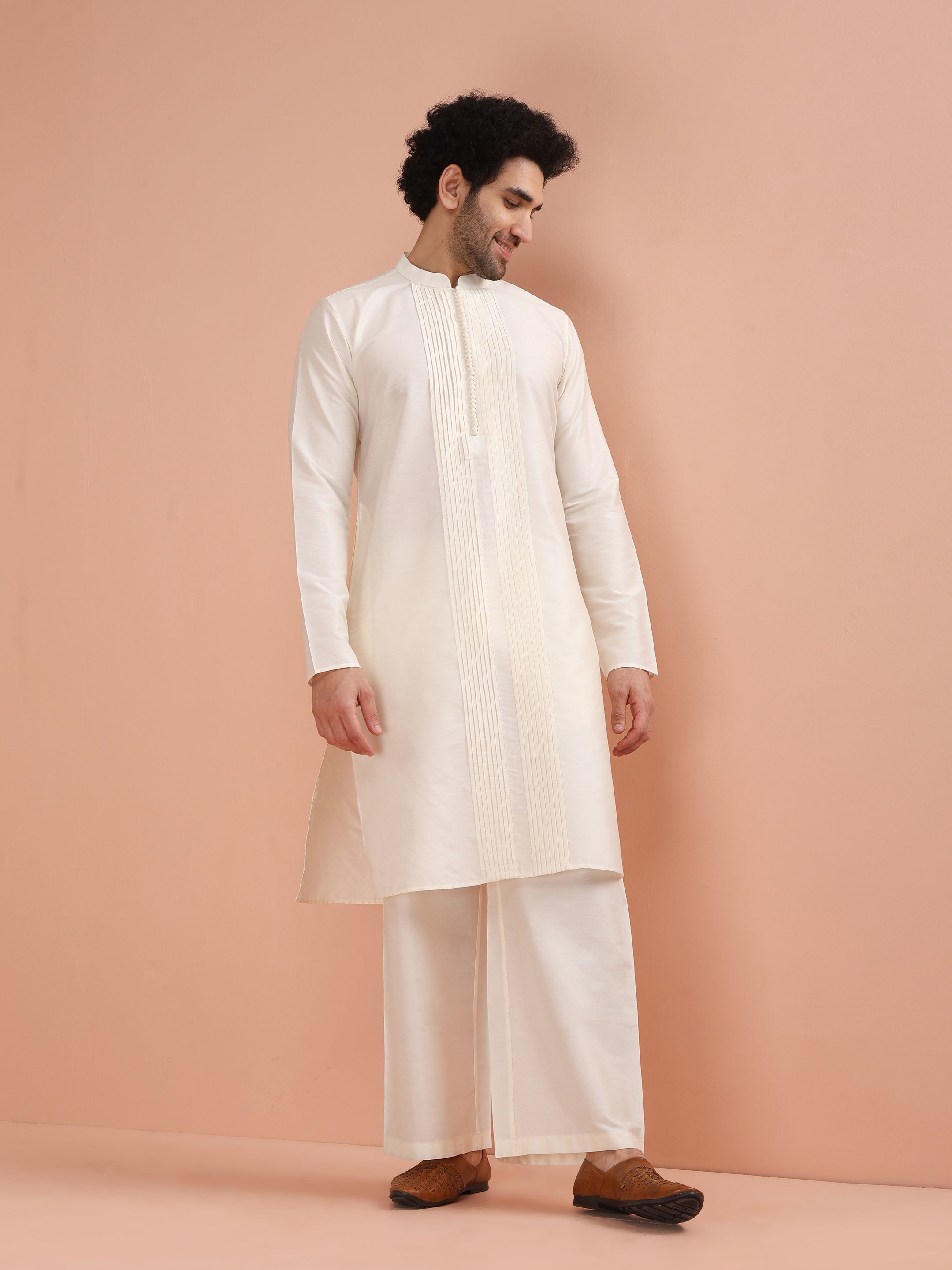 Cream Cotton Blend Solid Kurta Wide Leg Pant Set