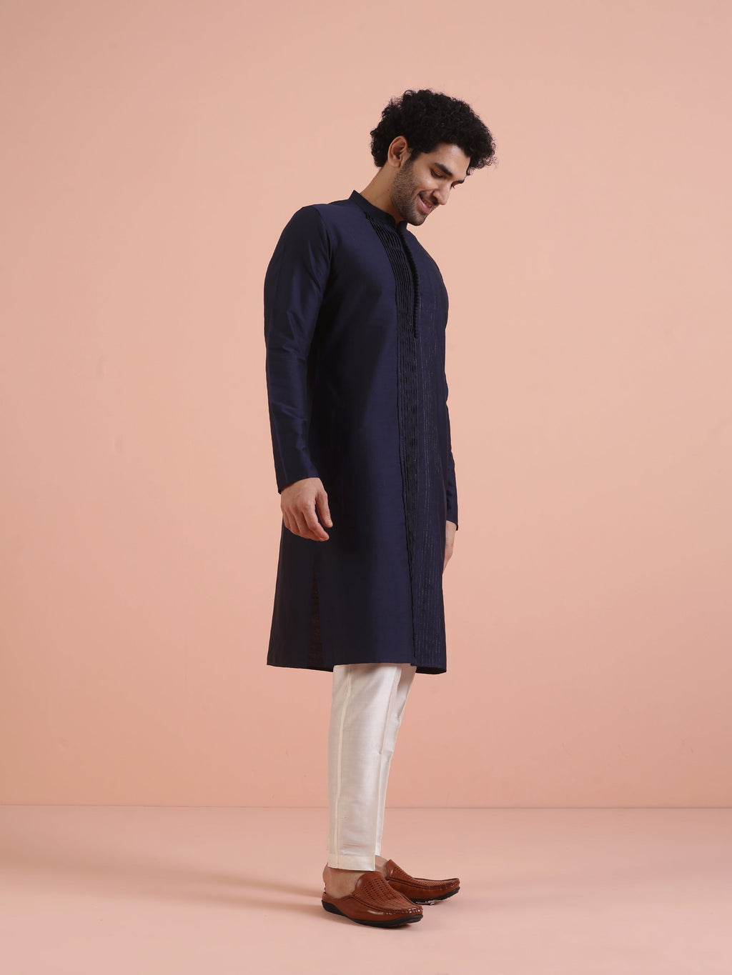 Blue Cotton Blend Pleated Kurta Trouser Set