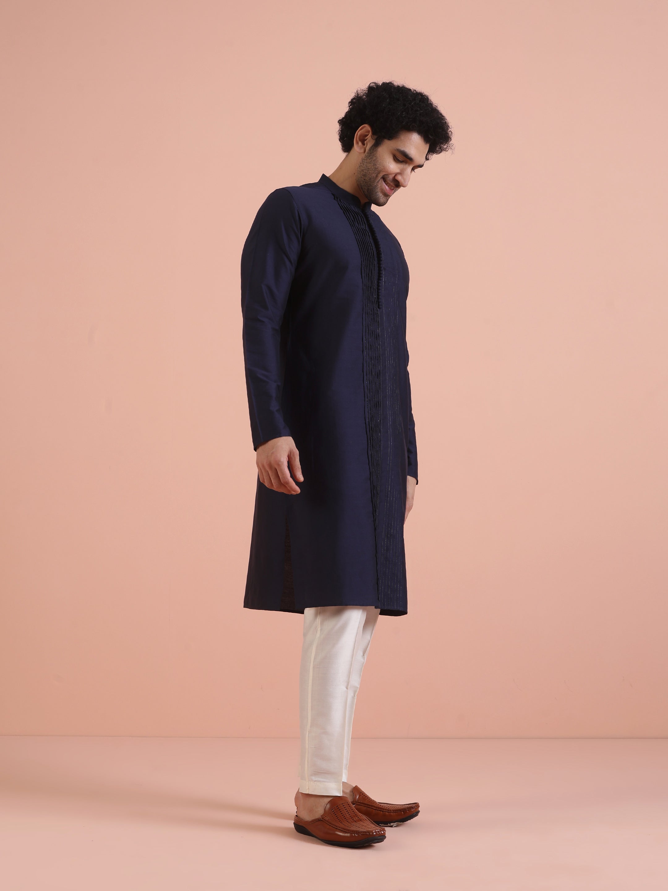Blue Cotton Blend Pleated Kurta Trouser Set