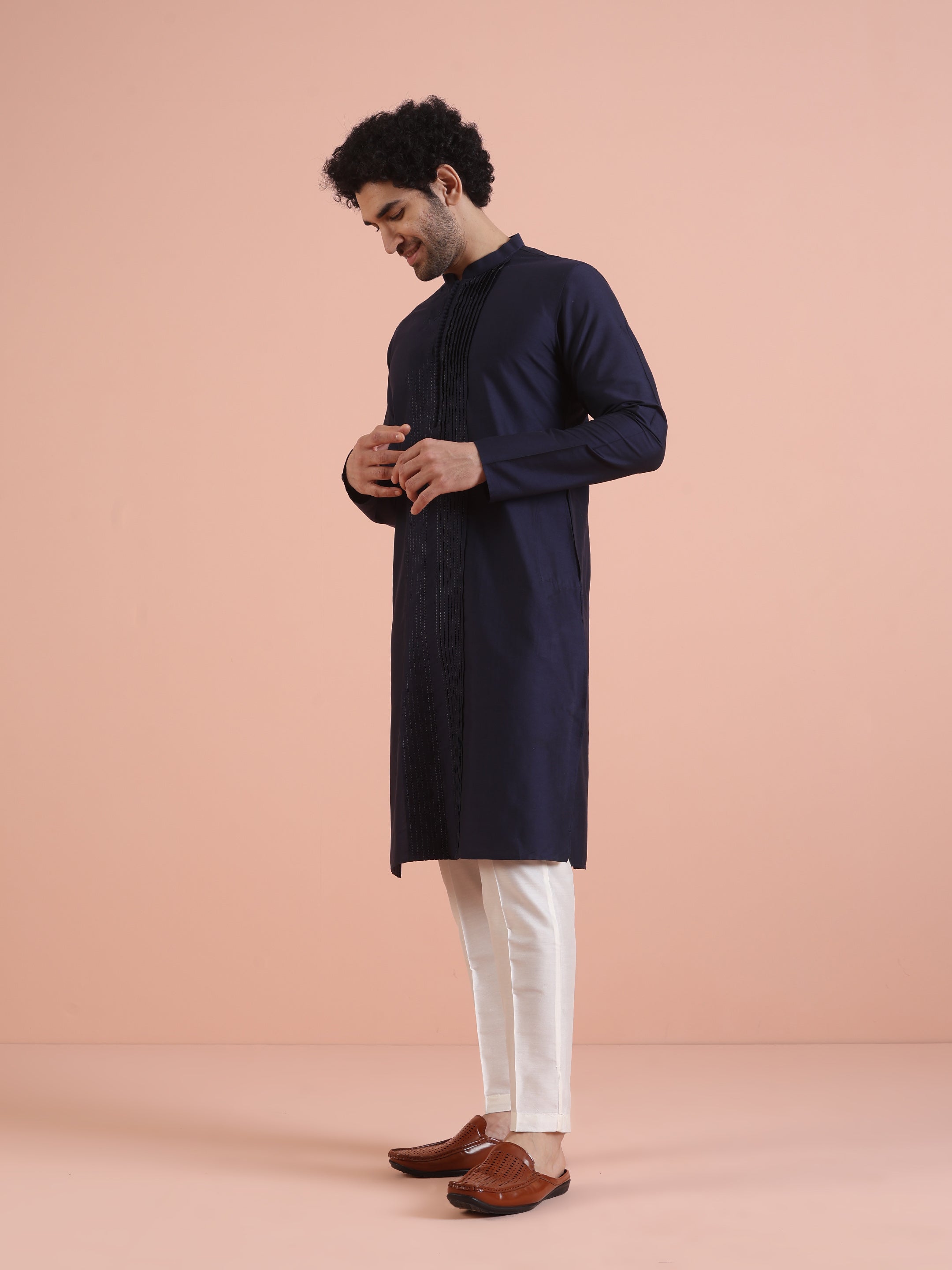 Blue Cotton Blend Pleated Kurta Trouser Set