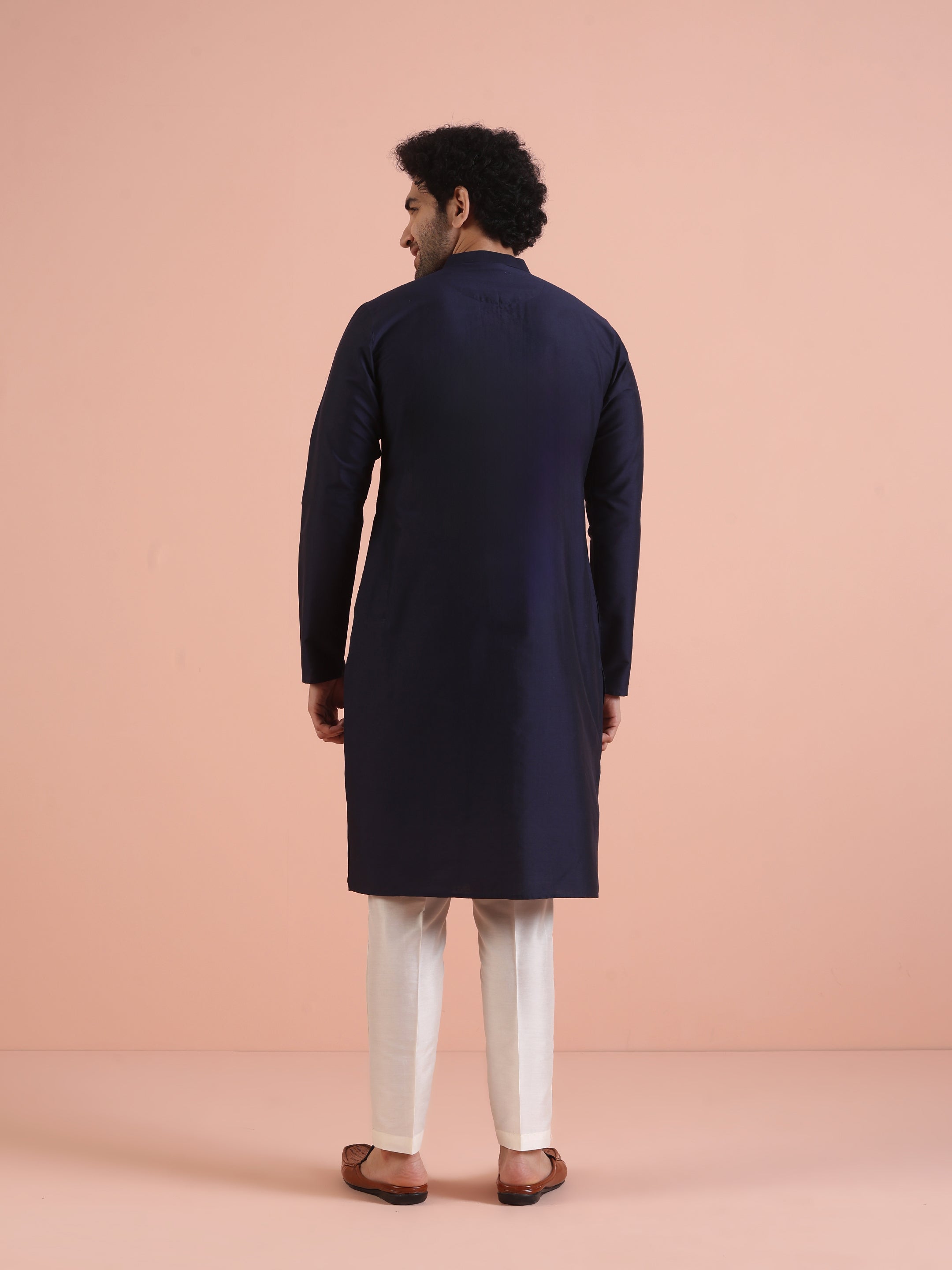 Blue Cotton Blend Pleated Kurta Trouser Set