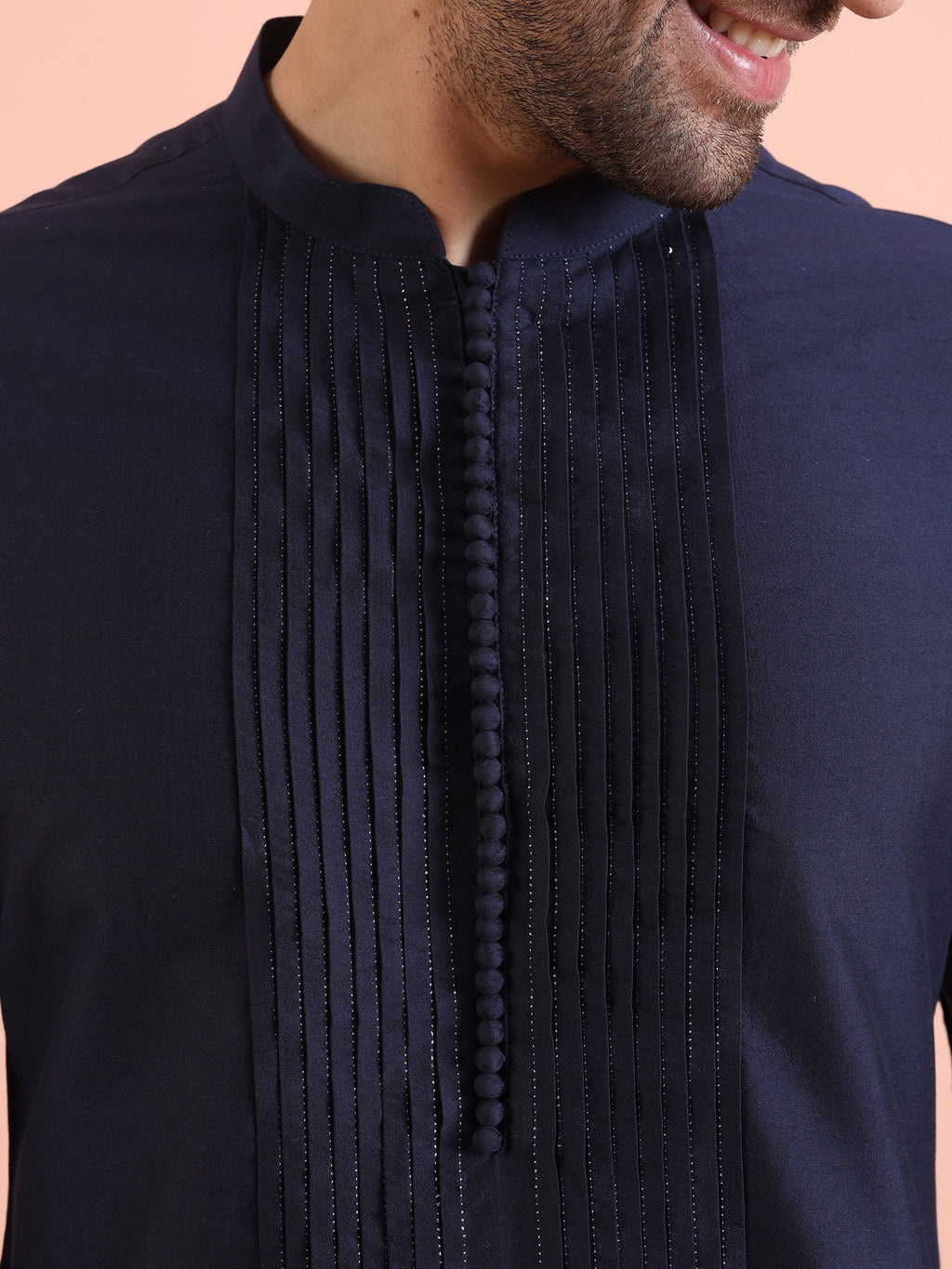 Blue Cotton Blend Pleated Kurta Trouser Set