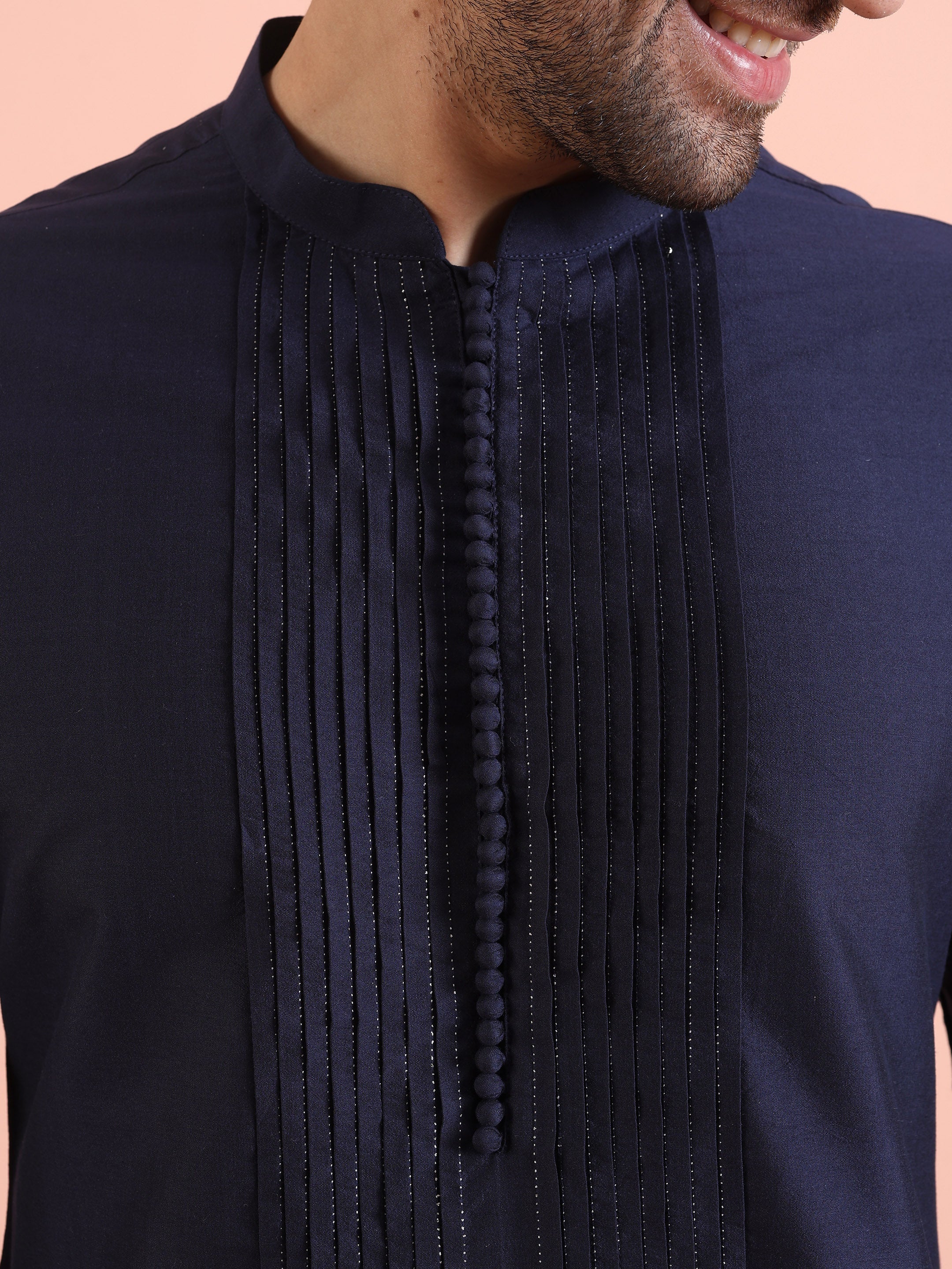 Blue Cotton Blend Pleated Kurta Trouser Set