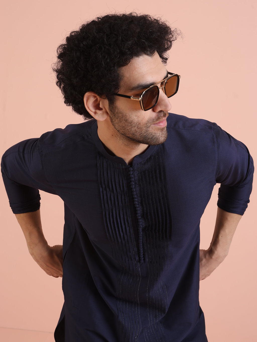 Blue Cotton Blend Pleated Kurta Trouser Set