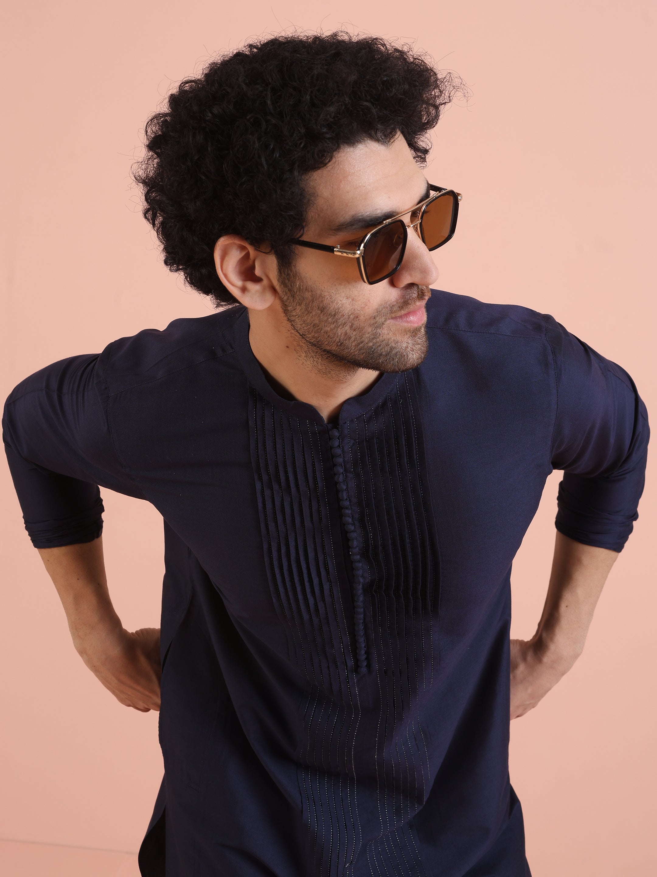 Blue Cotton Blend Pleated Kurta Trouser Set