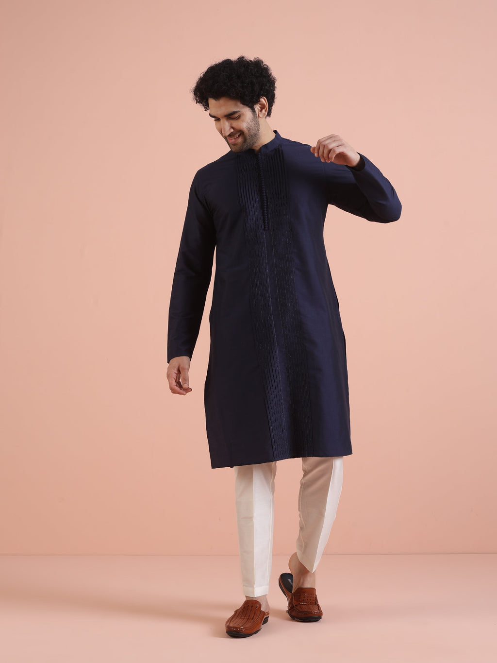 Blue Cotton Blend Pleated Kurta Trouser Set