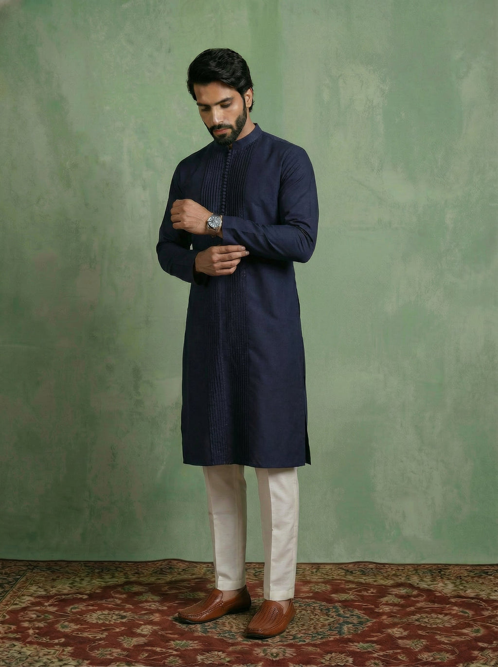 Blue Cotton Blend Pleated Kurta Trouser Set