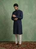 Blue Cotton Blend Pleated Kurta Trouser Set