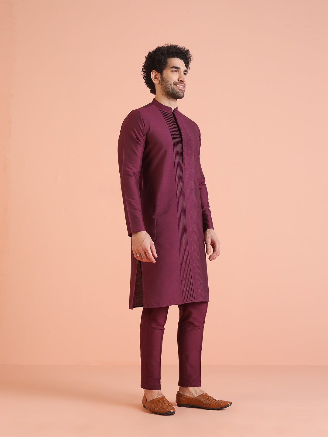 Wine Cotton Blend Pleated Kurta Trouser Set