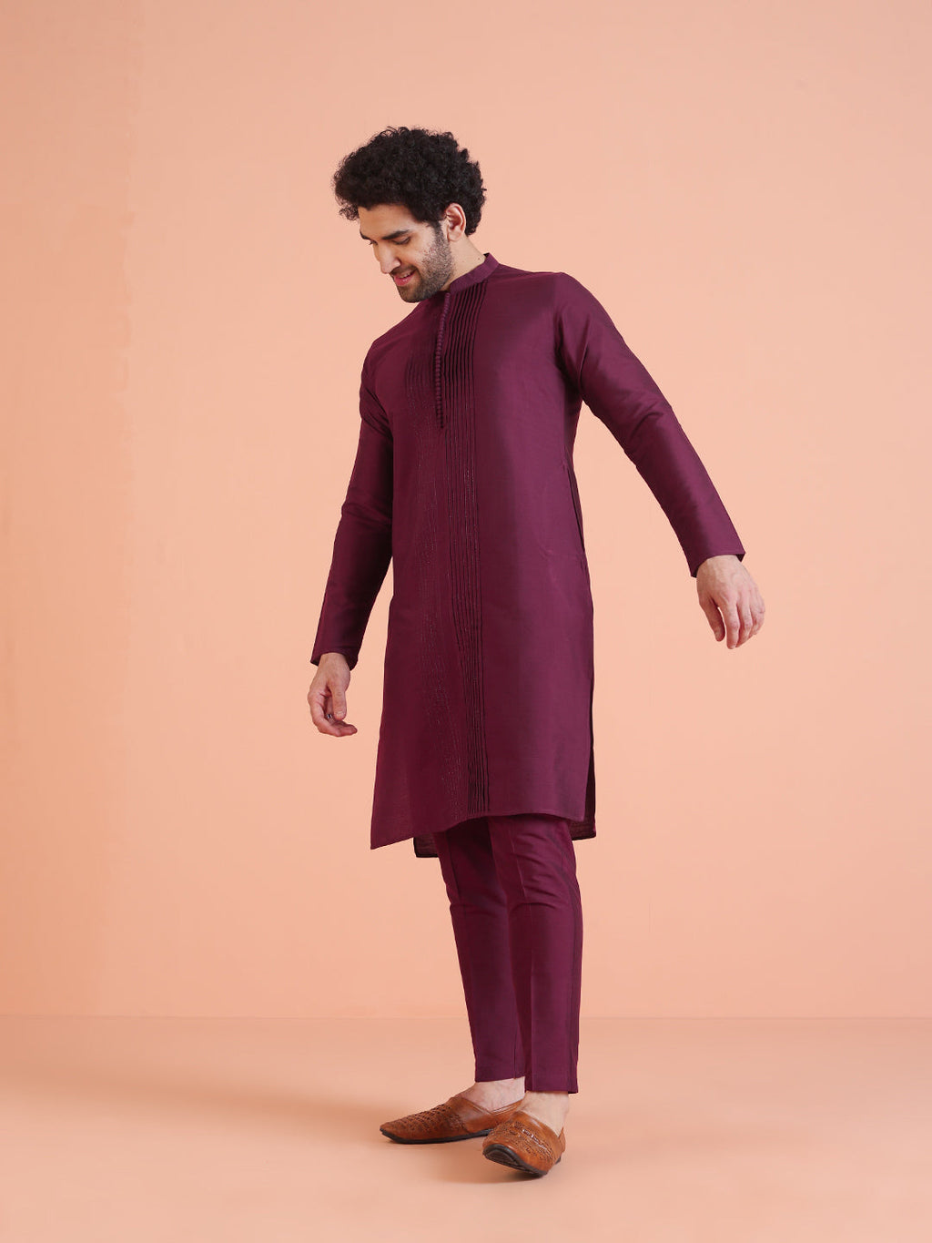 Wine Cotton Blend Pleated Kurta Trouser Set