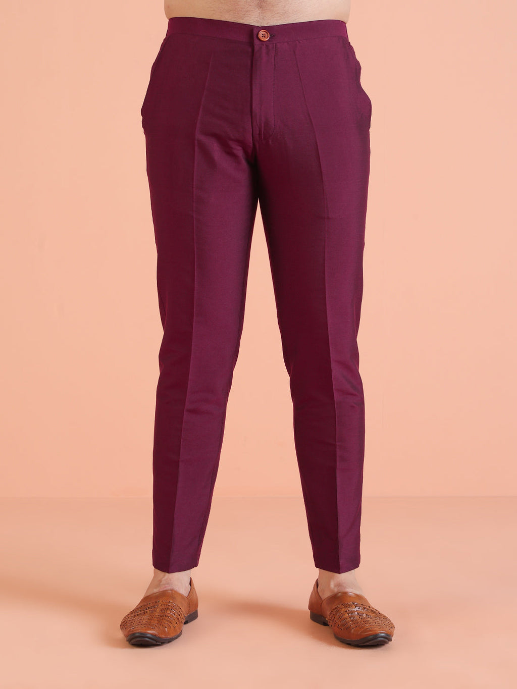 Wine Cotton Blend Pleated Kurta Trouser Set