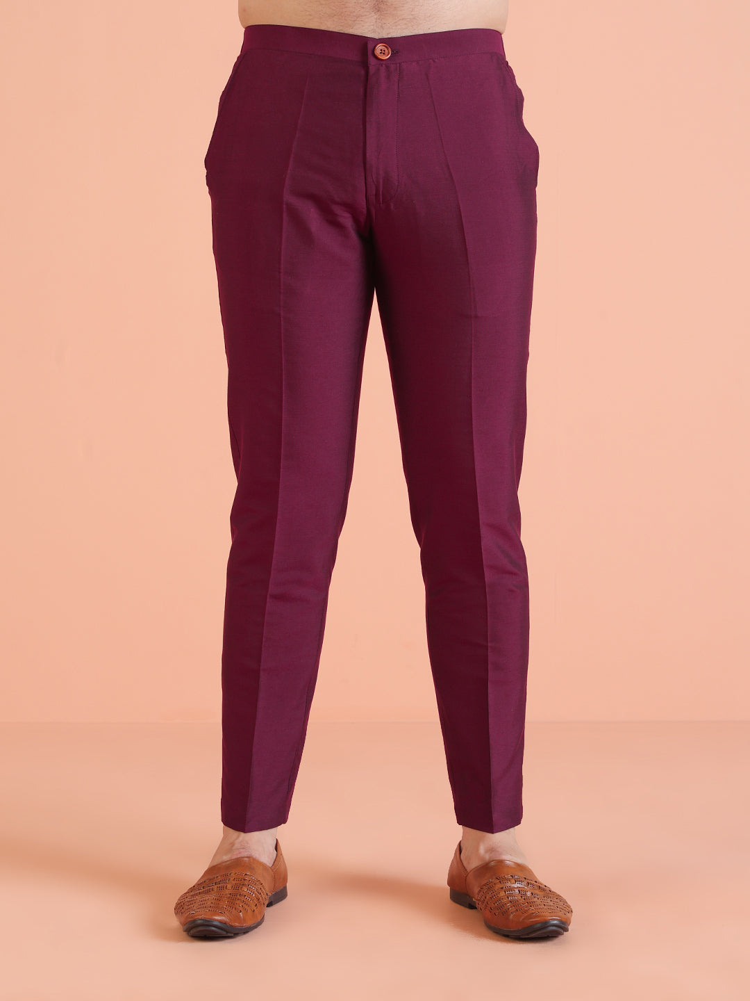 Wine Cotton Blend Pleated Kurta Trouser Set