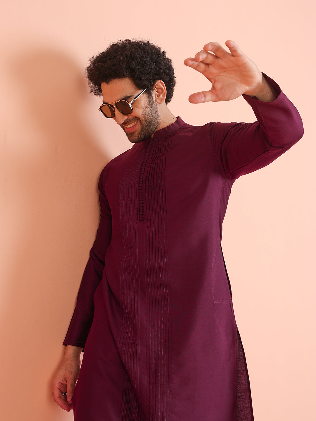 Wine Cotton Blend Pleated Kurta Trouser Set
