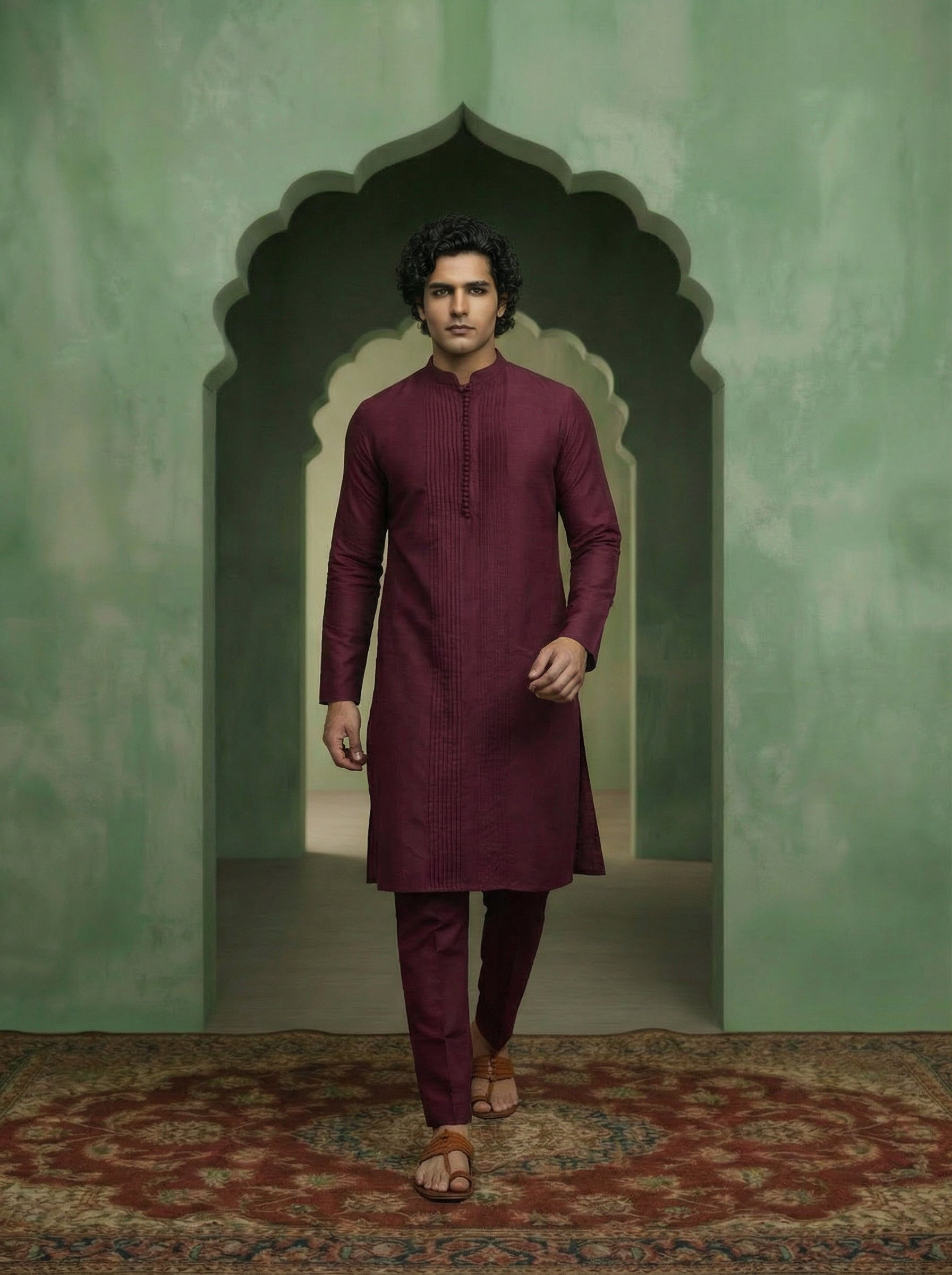 Wine Cotton Blend Pleated Kurta Trouser Set