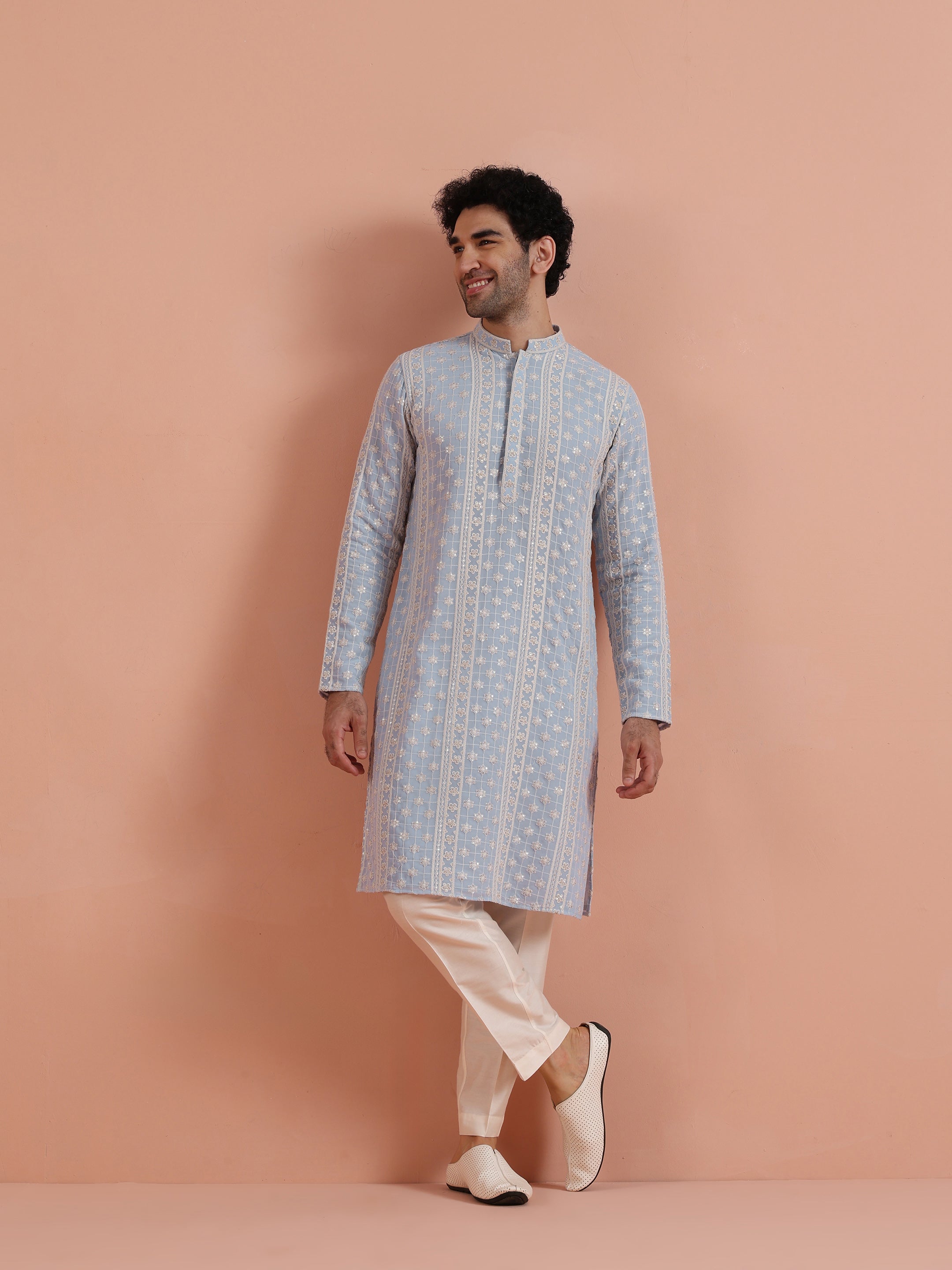 Light Blue Georgette Chikankari Embroidered Kurta