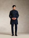 Blue Poly Viscose Solid Mid Kurta Jacket Trouser Set