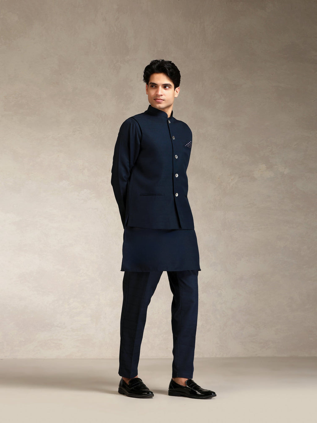 Blue Poly Viscose Solid Mid Kurta Jacket Trouser Set