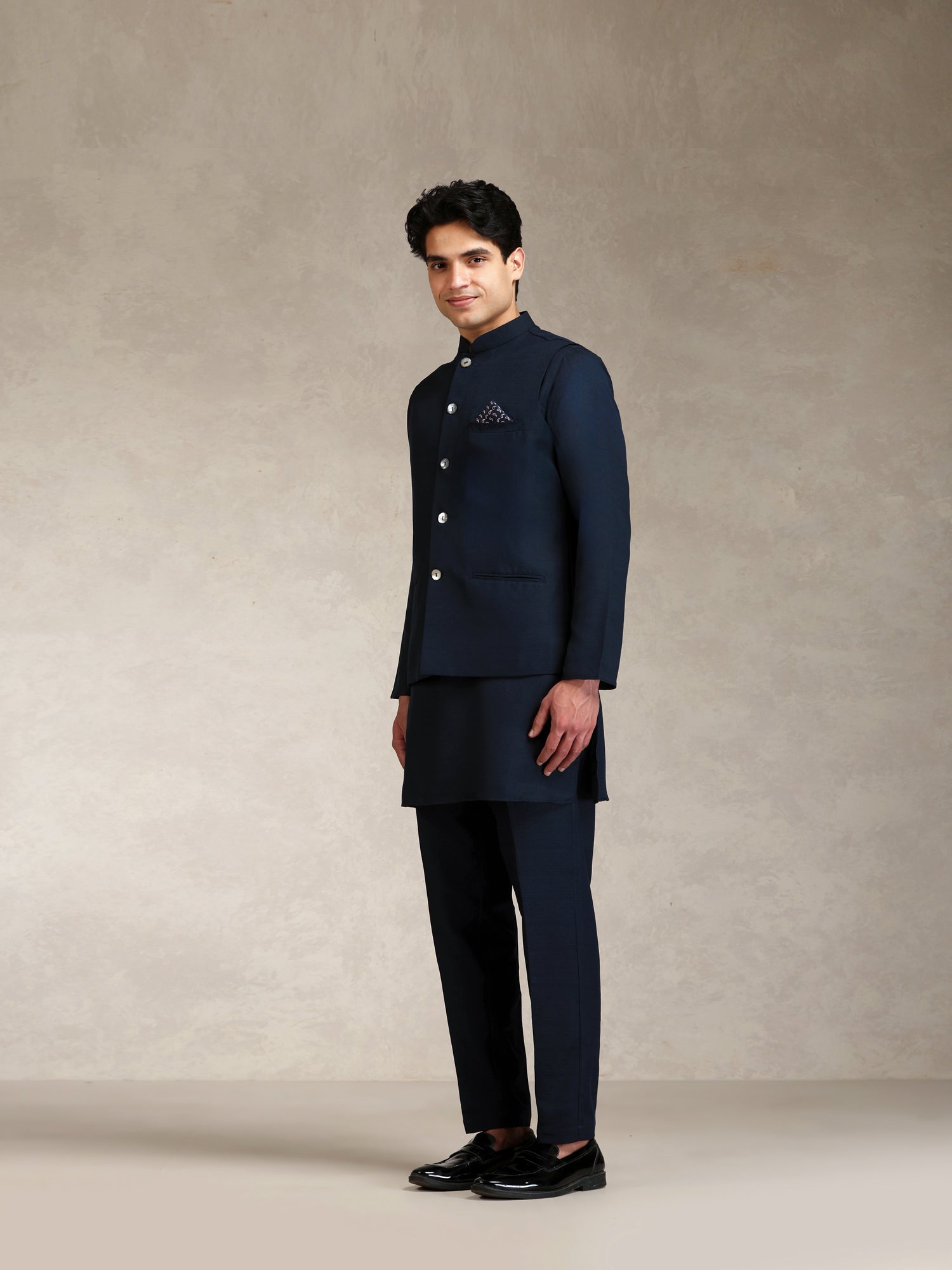 Blue Poly Viscose Solid Mid Kurta Jacket Trouser Set