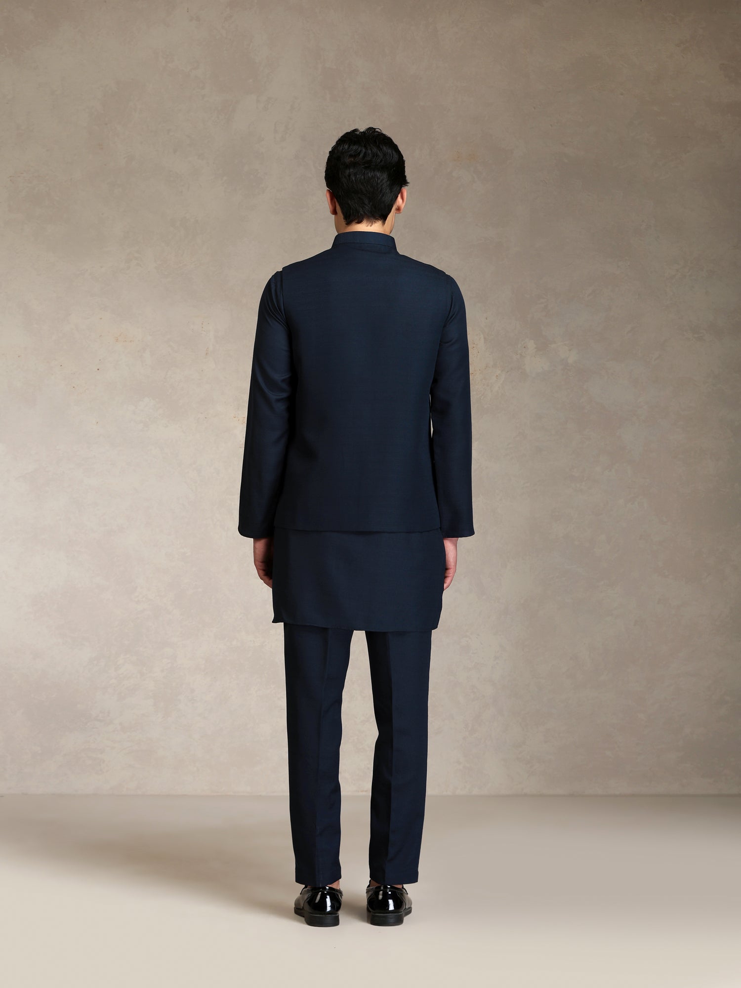 Blue Poly Viscose Solid Mid Kurta Jacket Trouser Set