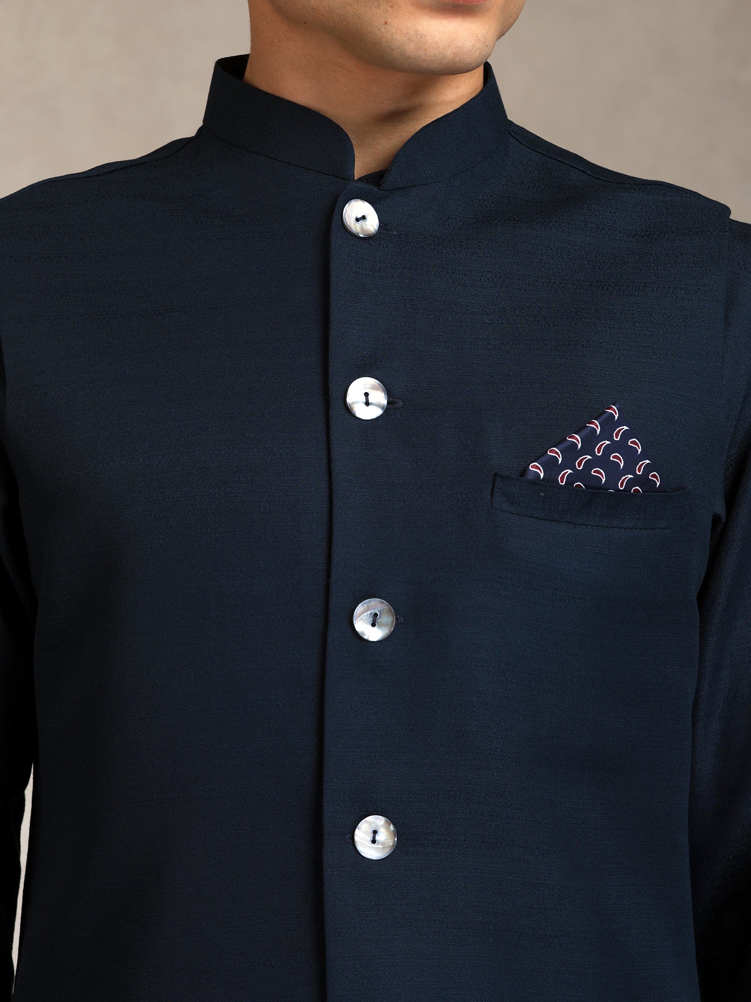 Blue Poly Viscose Solid Mid Kurta Jacket Trouser Set