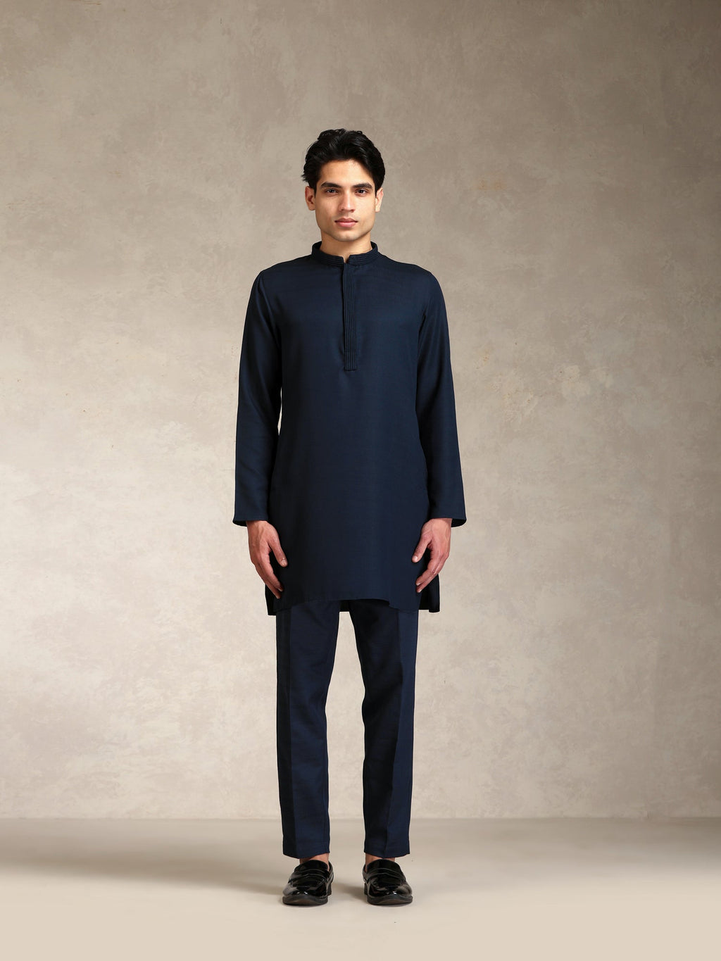 Blue Poly Viscose Solid Mid Kurta Jacket Trouser Set
