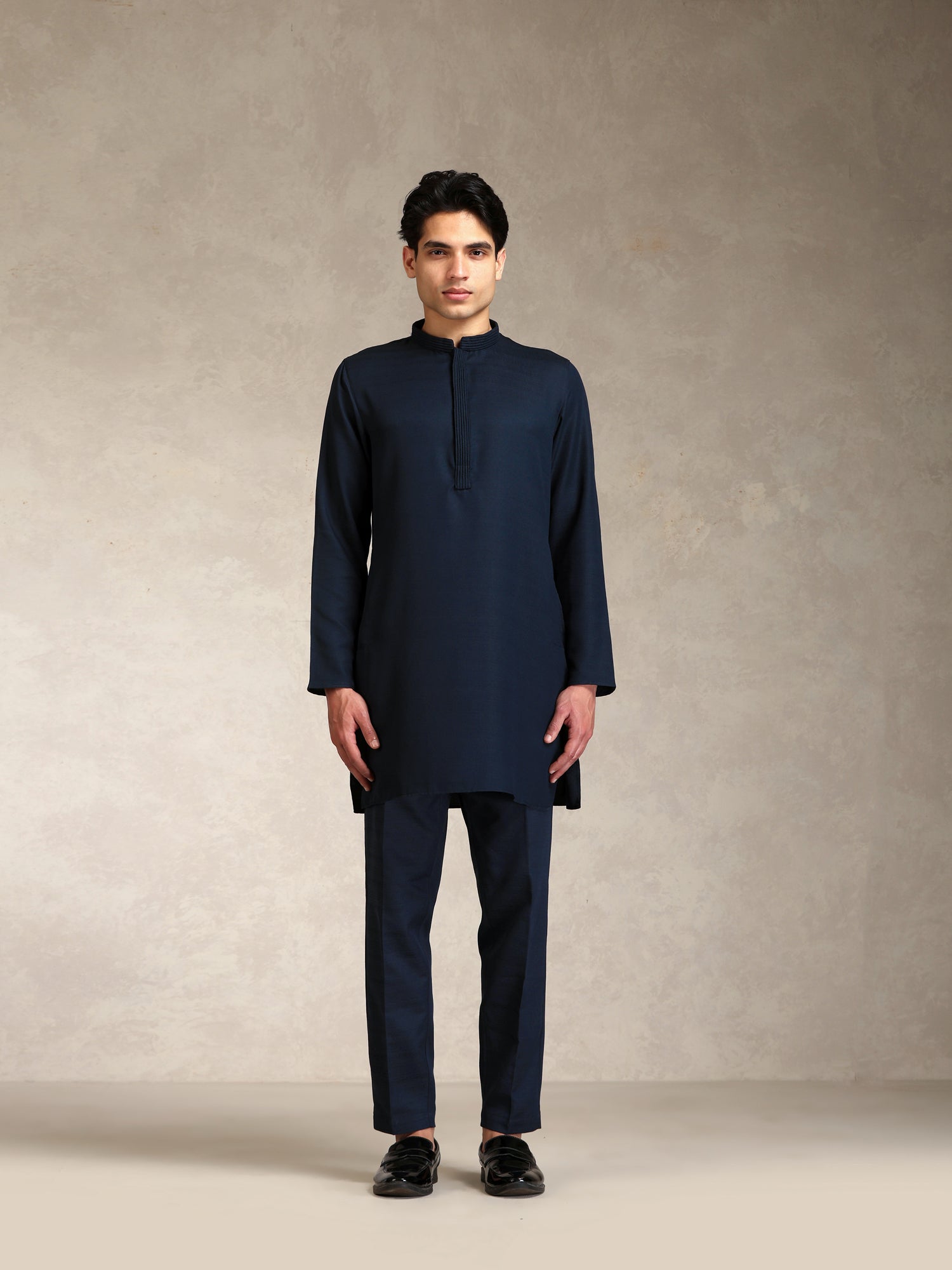 Blue Poly Viscose Solid Mid Kurta Jacket Trouser Set