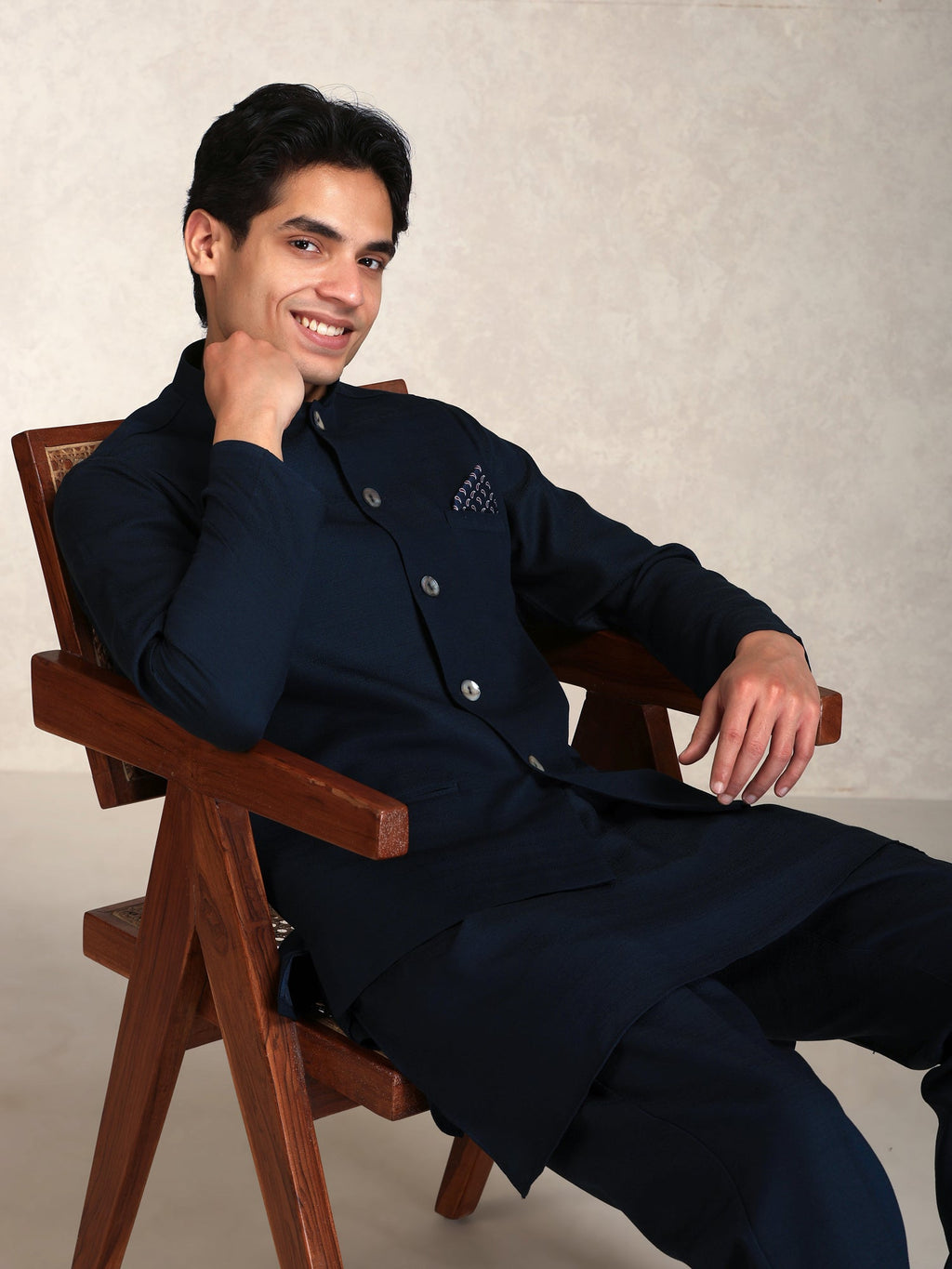 Blue Poly Viscose Solid Mid Kurta Jacket Trouser Set