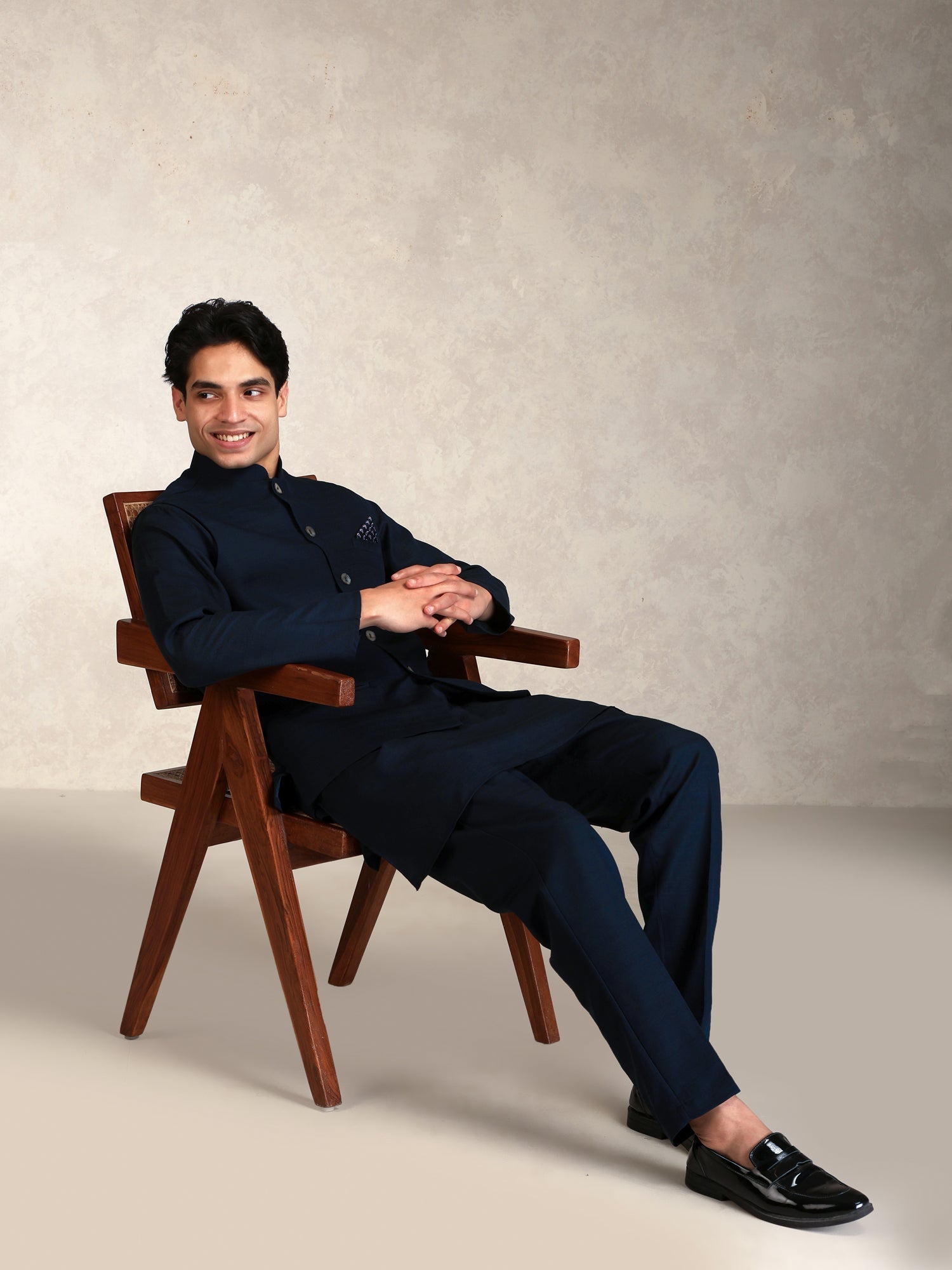 Blue Poly Viscose Solid Mid Kurta Jacket Trouser Set