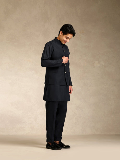 Black Poly Viscose Solid Mid Kurta Jacket Trouser Set