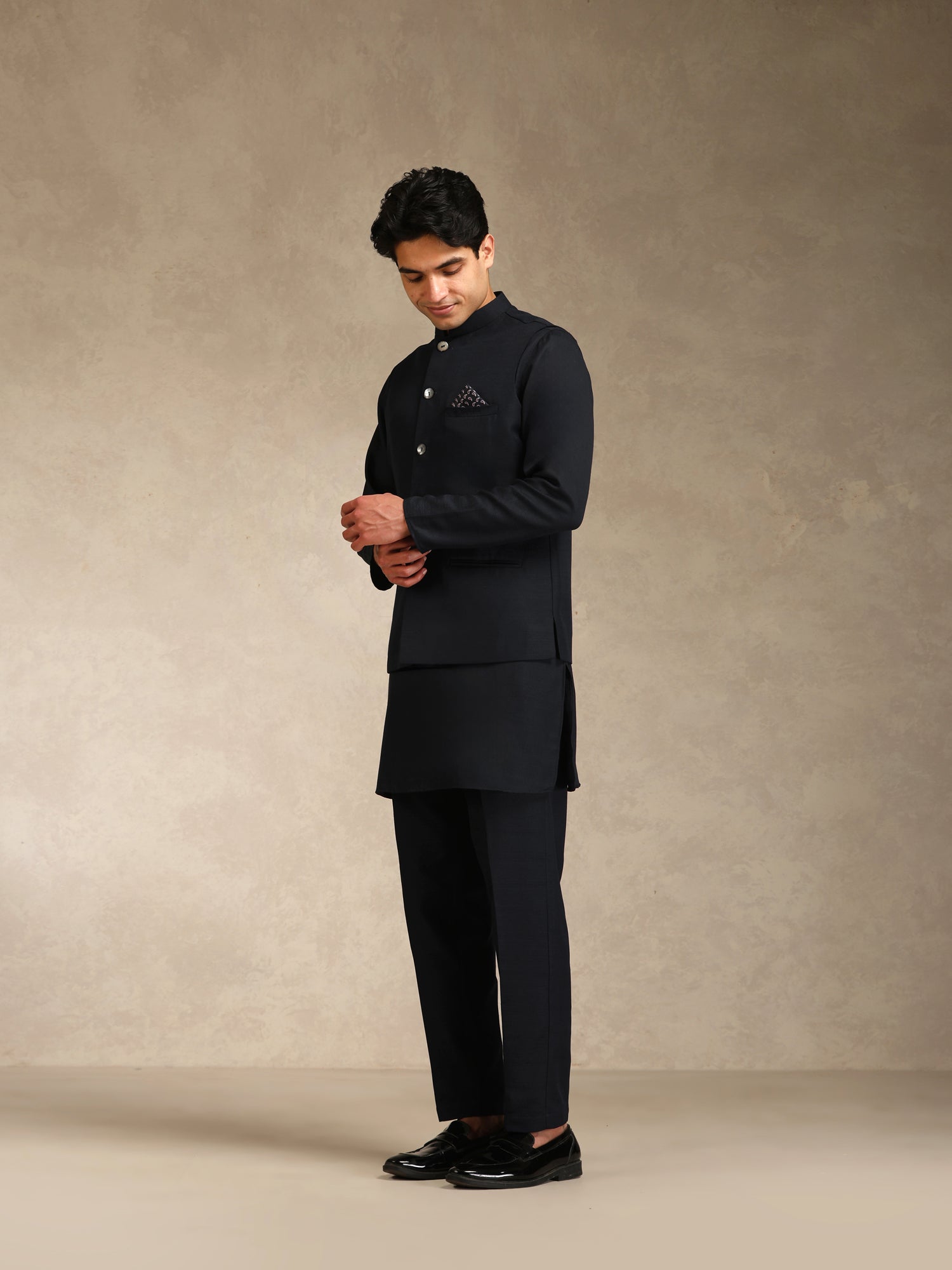 Black Poly Viscose Solid Mid Kurta Jacket Trouser Set
