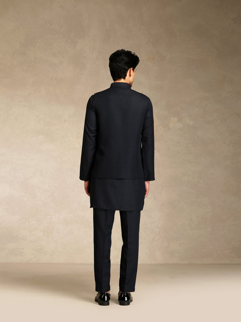 Black Poly Viscose Solid Mid Kurta Jacket Trouser Set