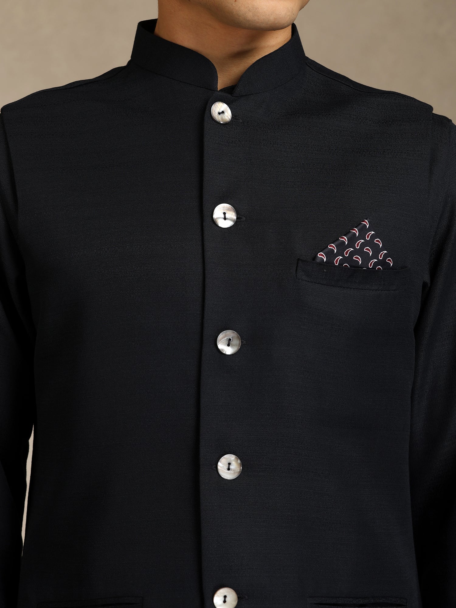 Black Poly Viscose Solid Mid Kurta Jacket Trouser Set