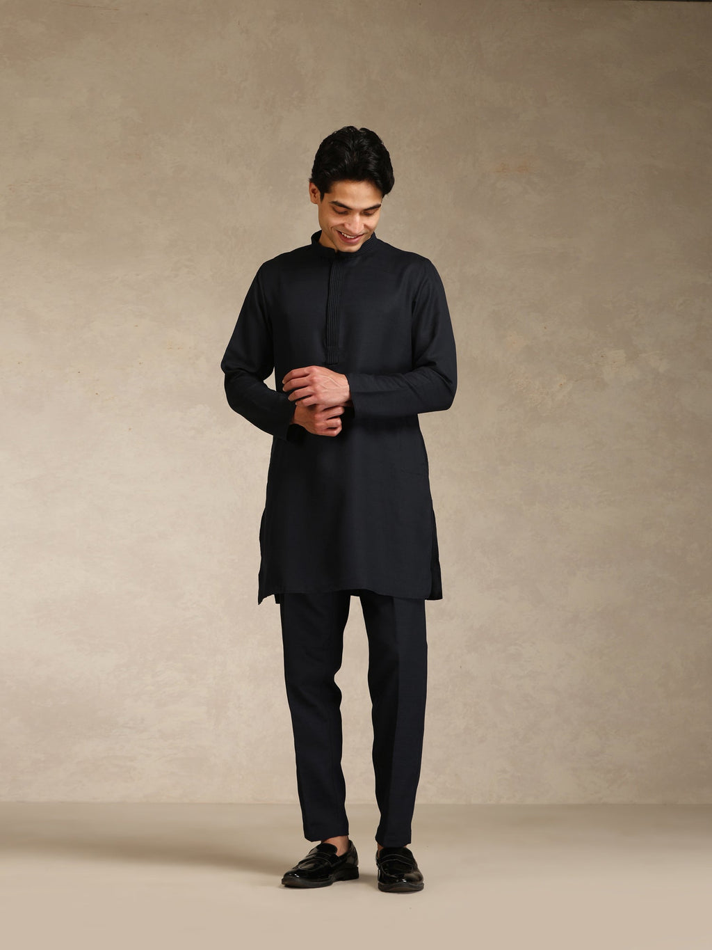 Black Poly Viscose Solid Mid Kurta Jacket Trouser Set