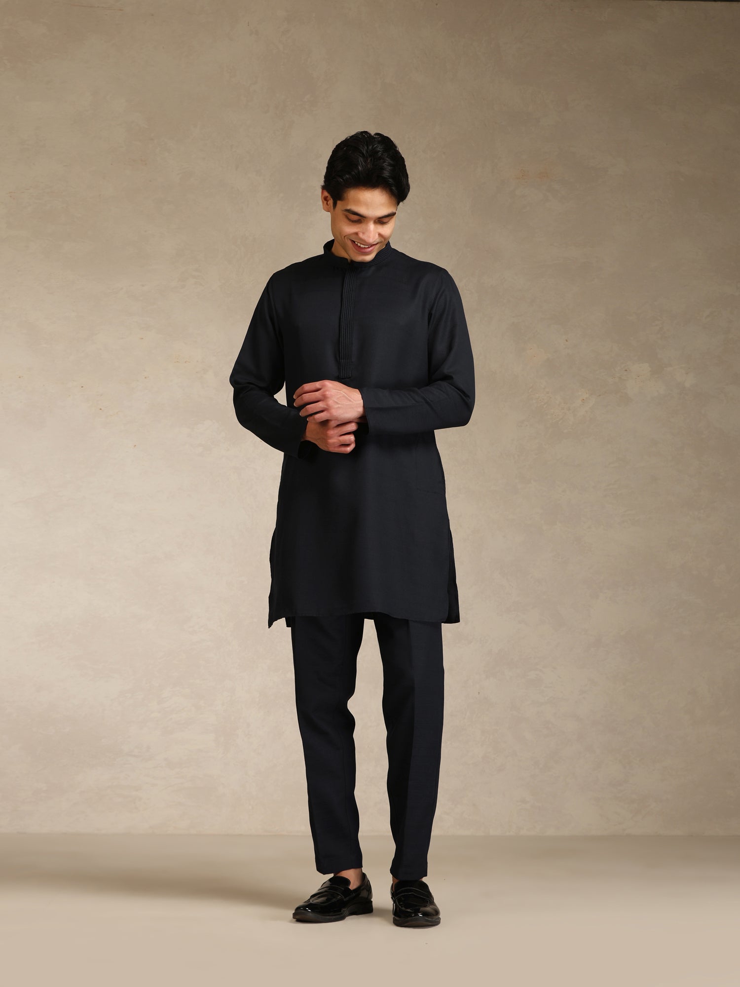 Black Poly Viscose Solid Mid Kurta Jacket Trouser Set
