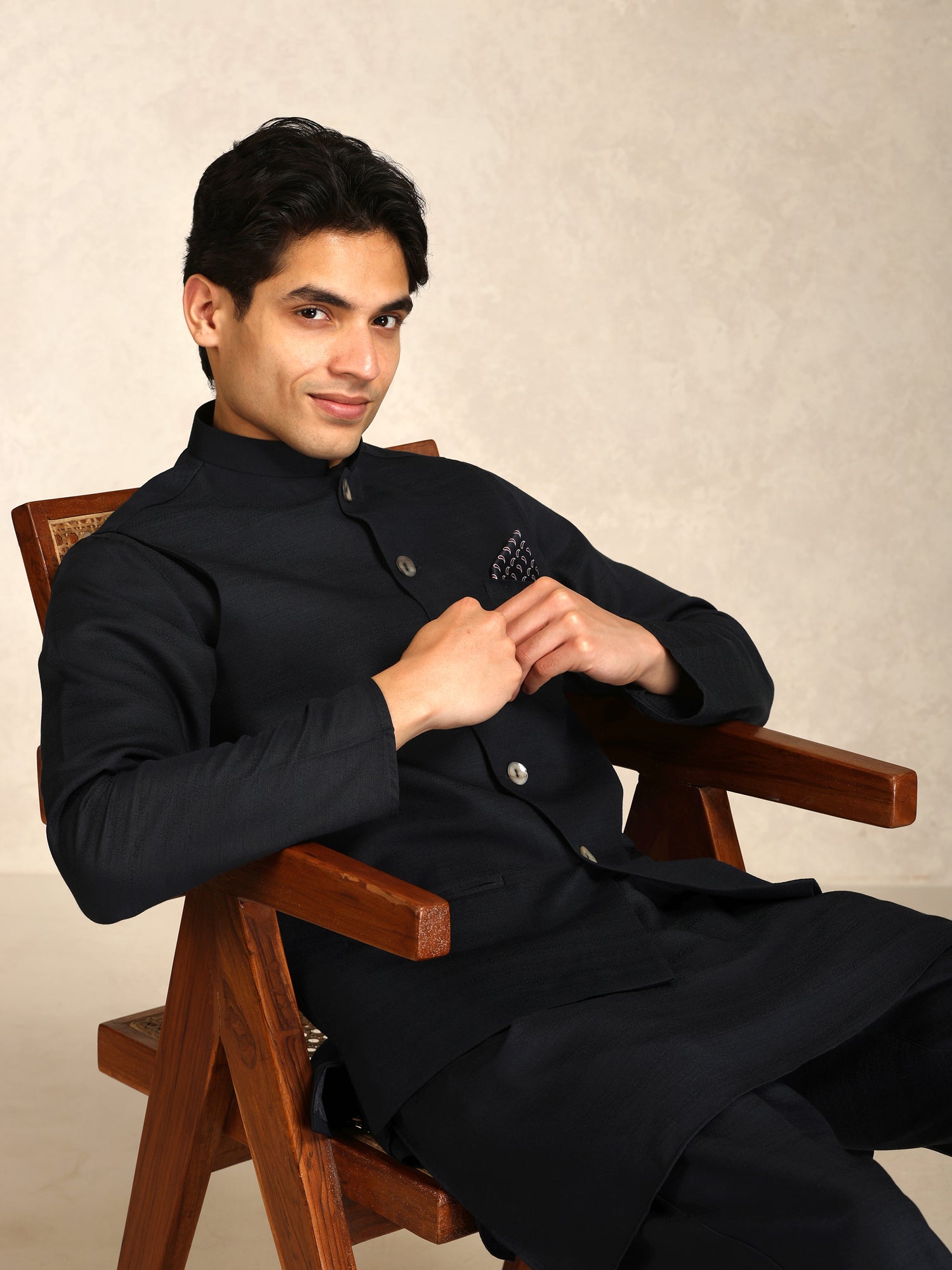 Black Poly Viscose Solid Mid Kurta Jacket Trouser Set