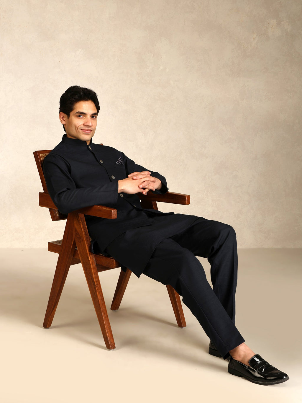 Black Poly Viscose Solid Mid Kurta Jacket Trouser Set