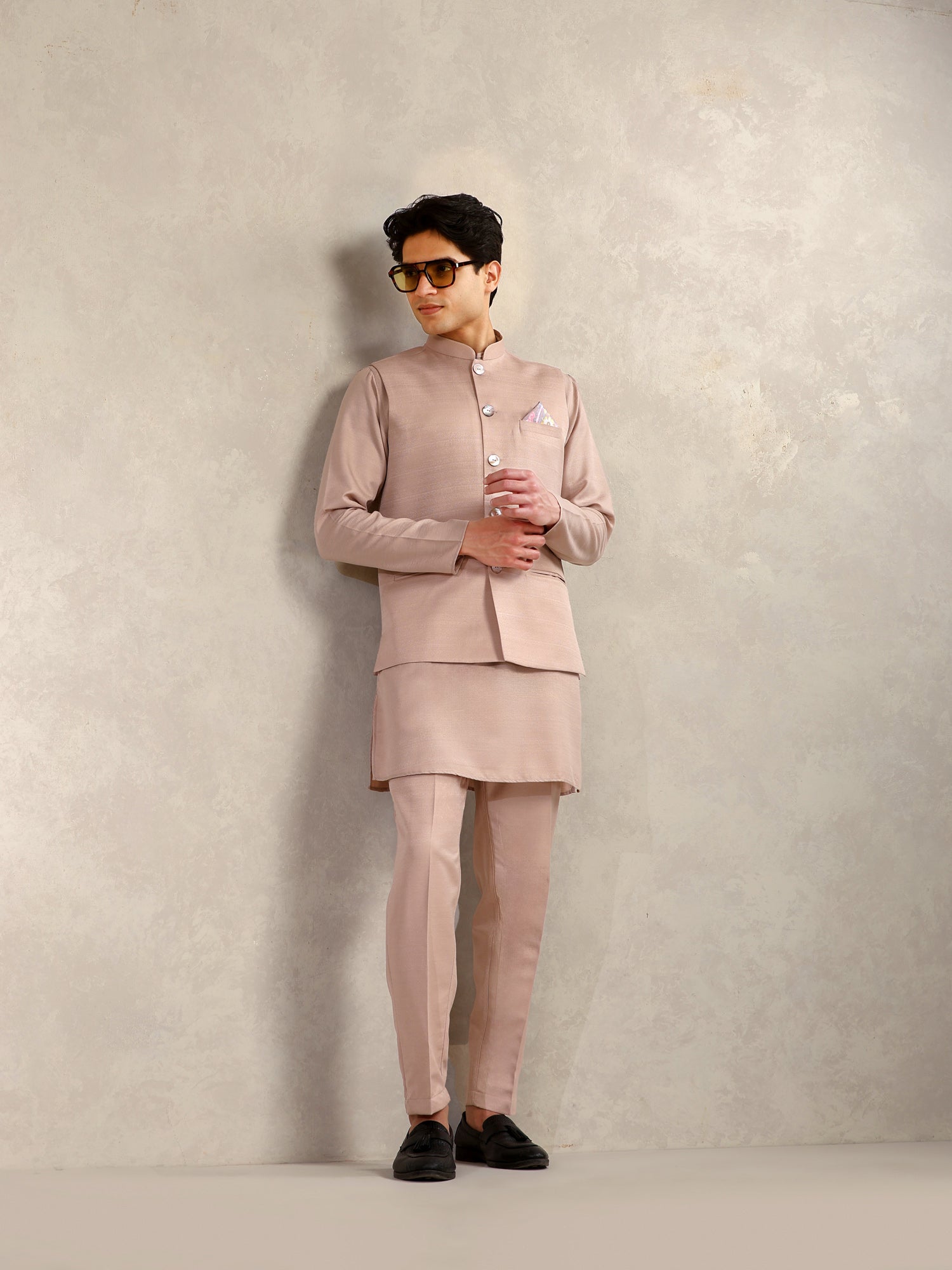 Blush Pink Poly Viscose Solid Mid Kurta Jacket Trouser Set