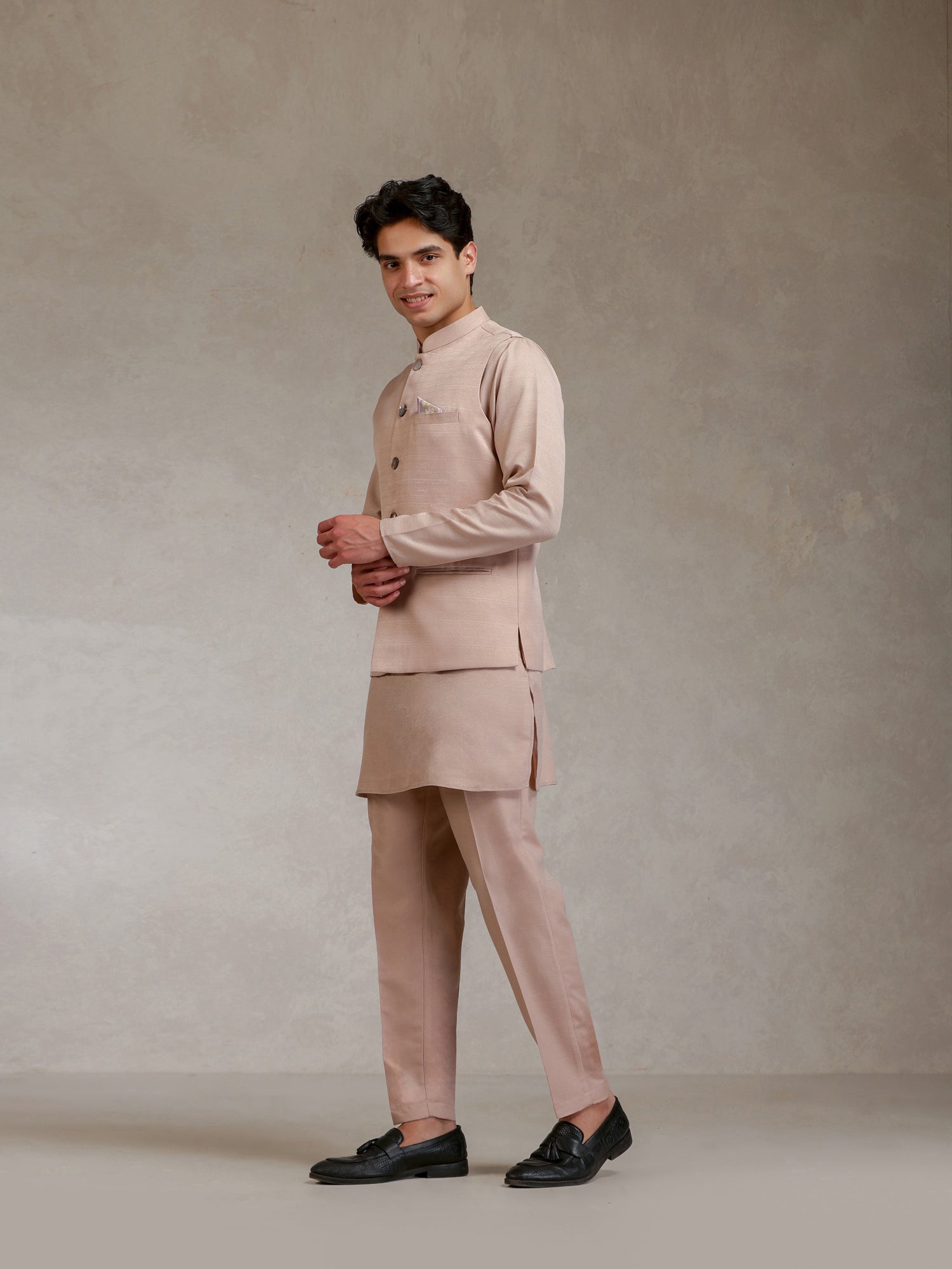 Blush Pink Poly Viscose Solid Mid Kurta Jacket Trouser Set