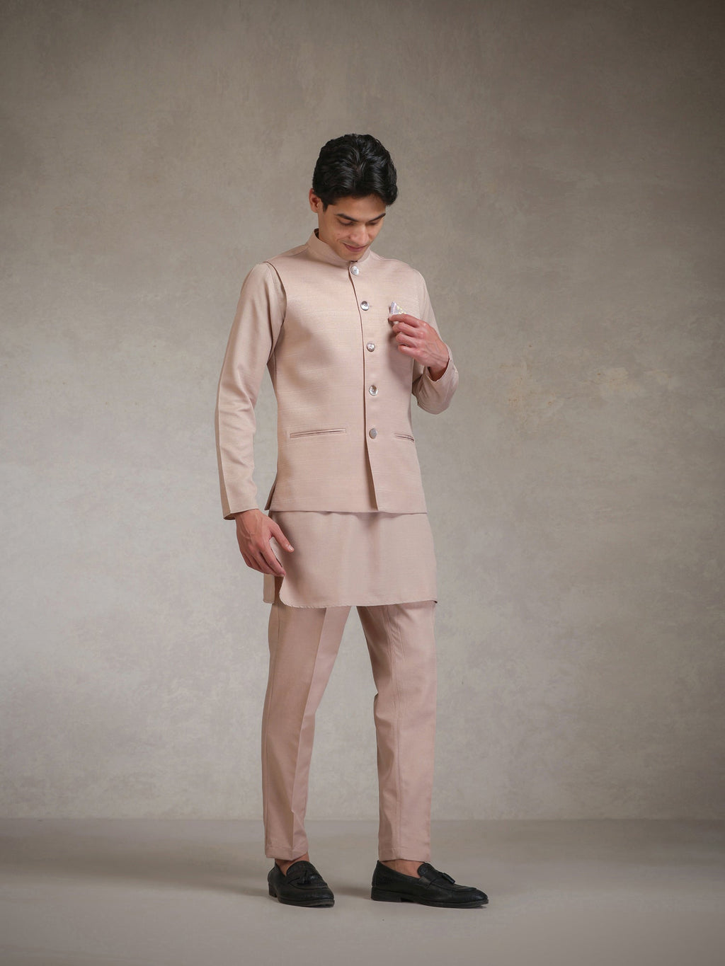 Blush Pink Poly Viscose Solid Mid Kurta Jacket Trouser Set