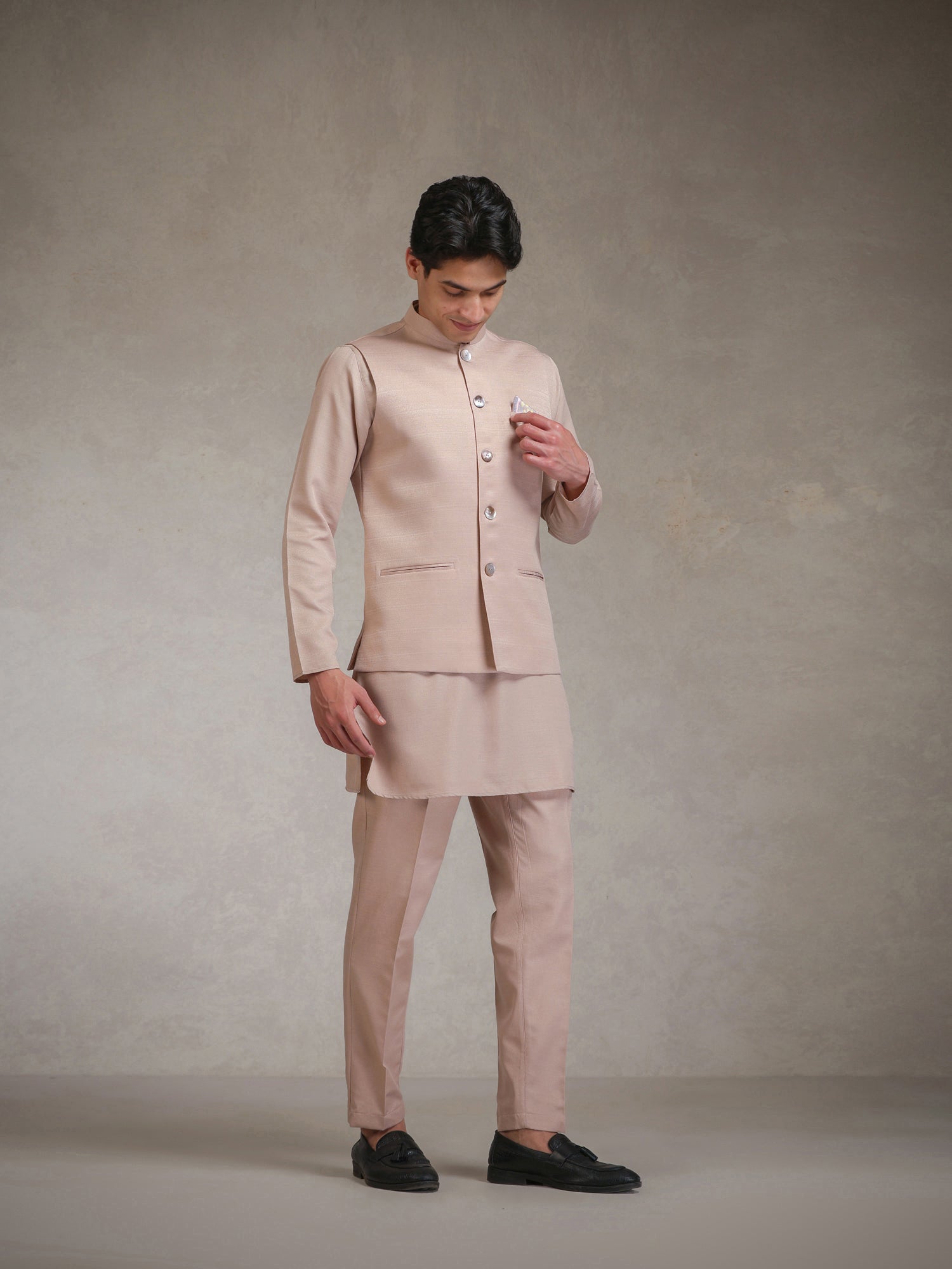 Blush Pink Poly Viscose Solid Mid Kurta Jacket Trouser Set
