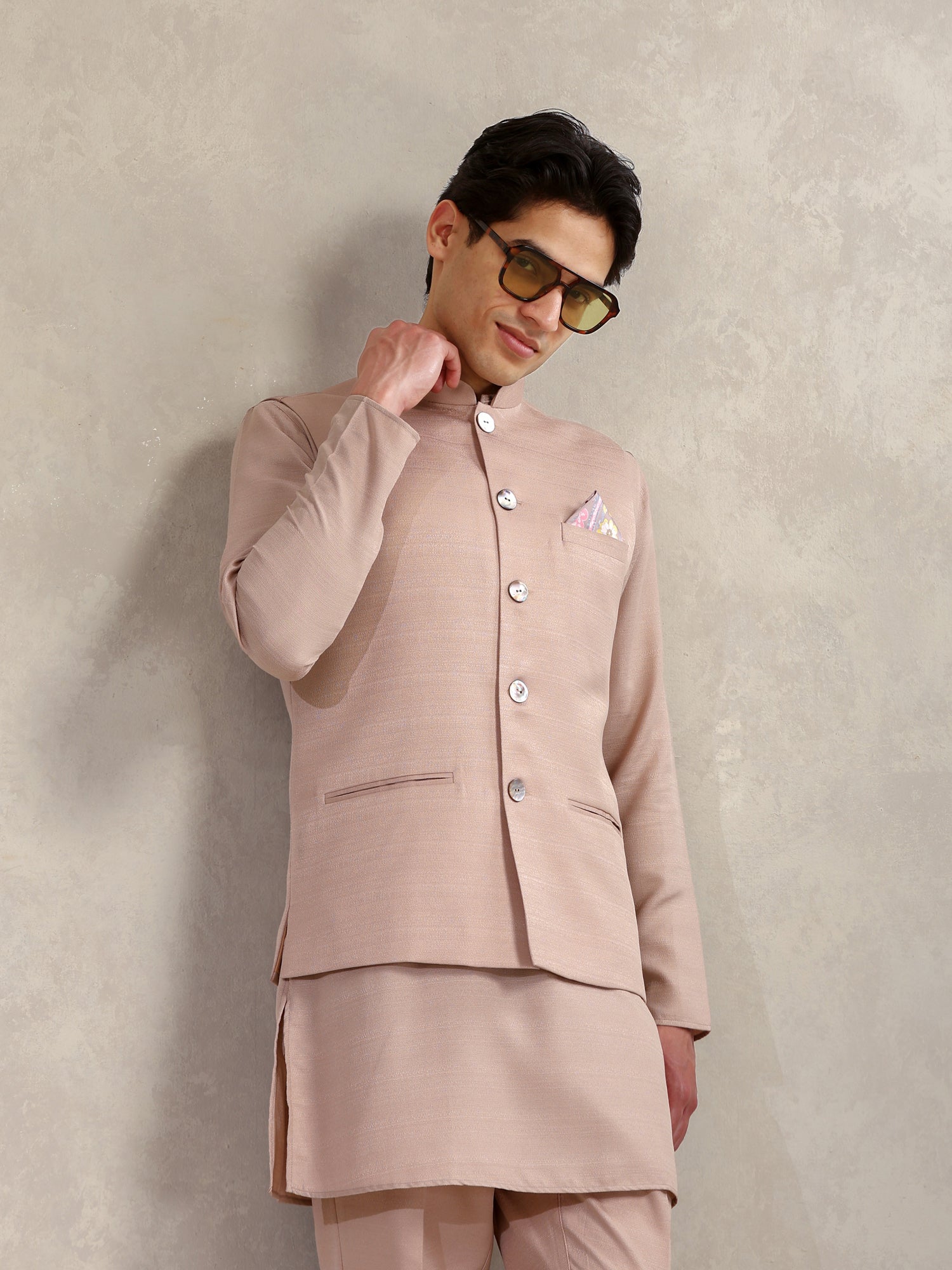Blush Pink Poly Viscose Solid Mid Kurta Jacket Trouser Set