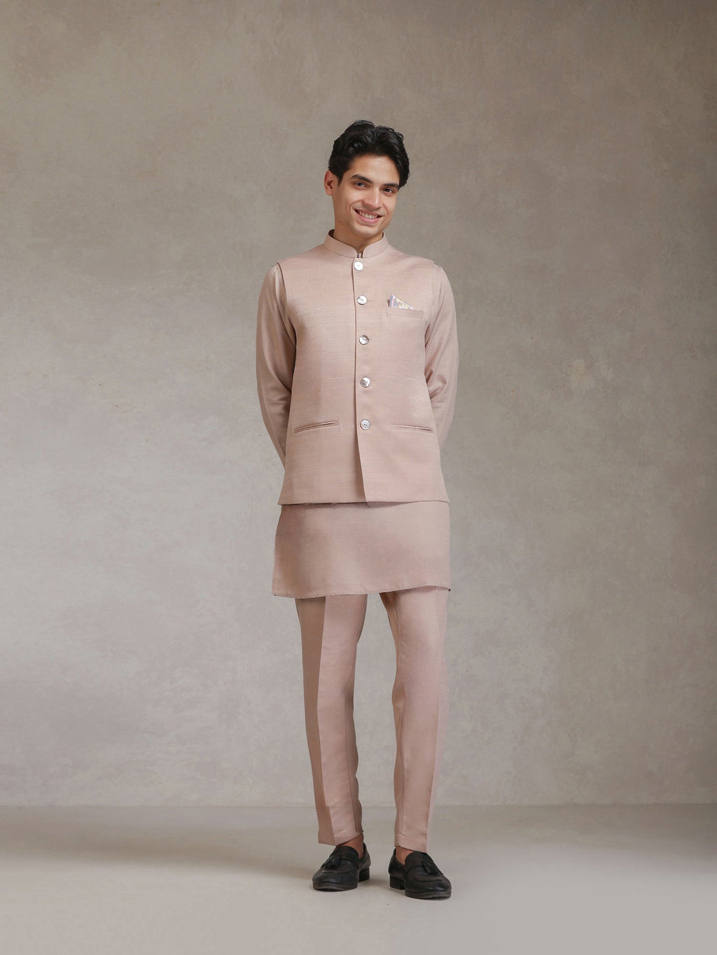 Blush Pink Poly Viscose Solid Mid Kurta Jacket Trouser Set