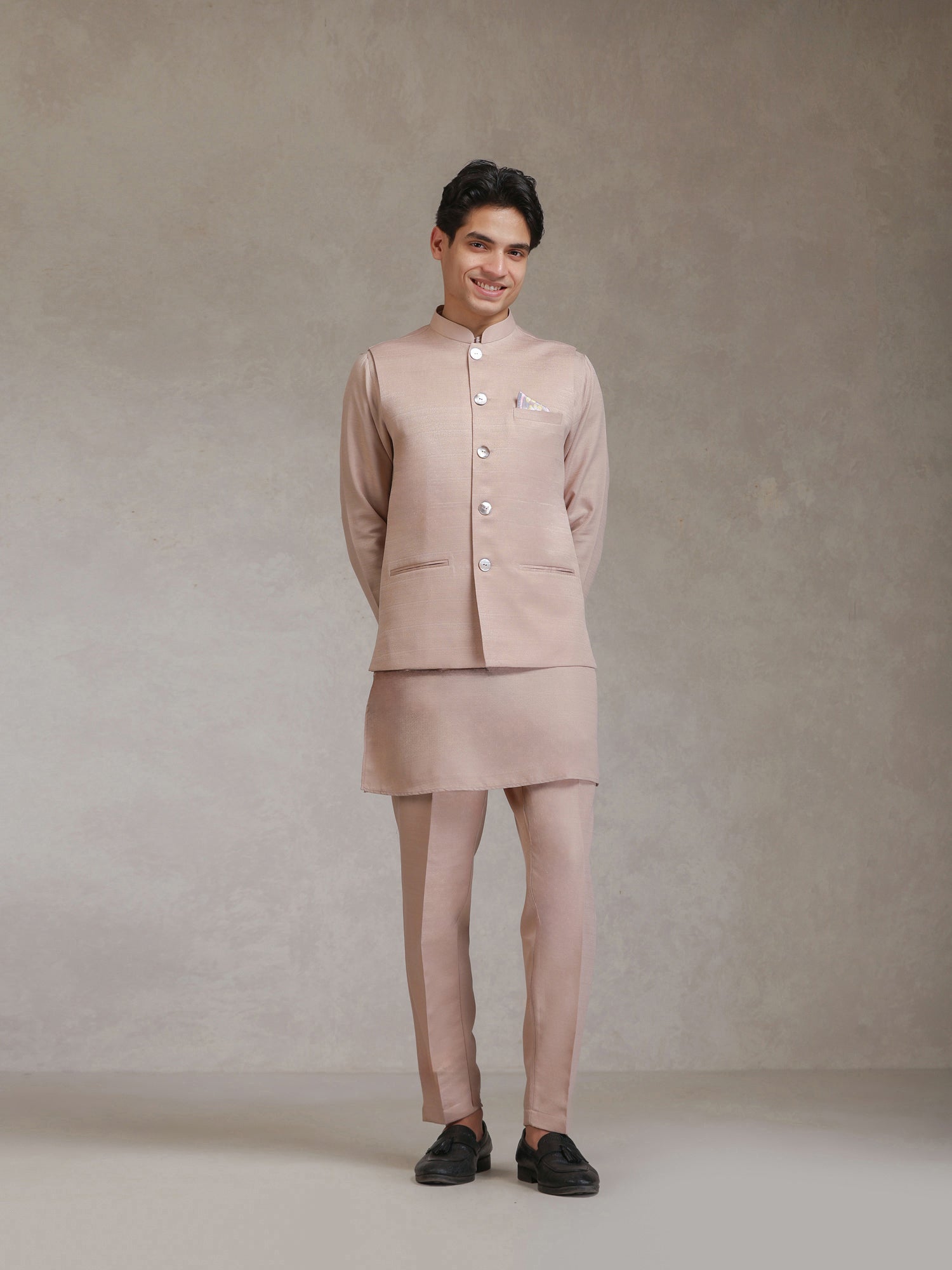 Blush Pink Poly Viscose Solid Mid Kurta Jacket Trouser Set