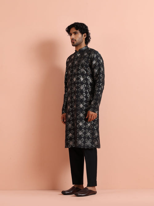 Black Chanderi Cotton Printed Kurta Trouser Set