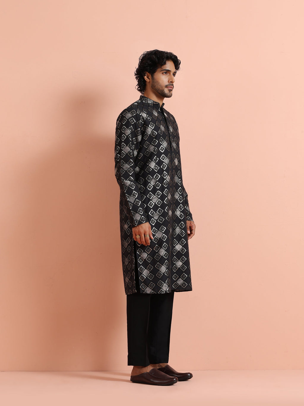 Black Chanderi Cotton Printed Kurta Trouser Set