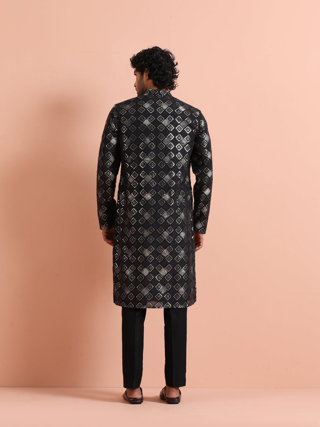 Black Chanderi Cotton Printed Kurta Trouser Set