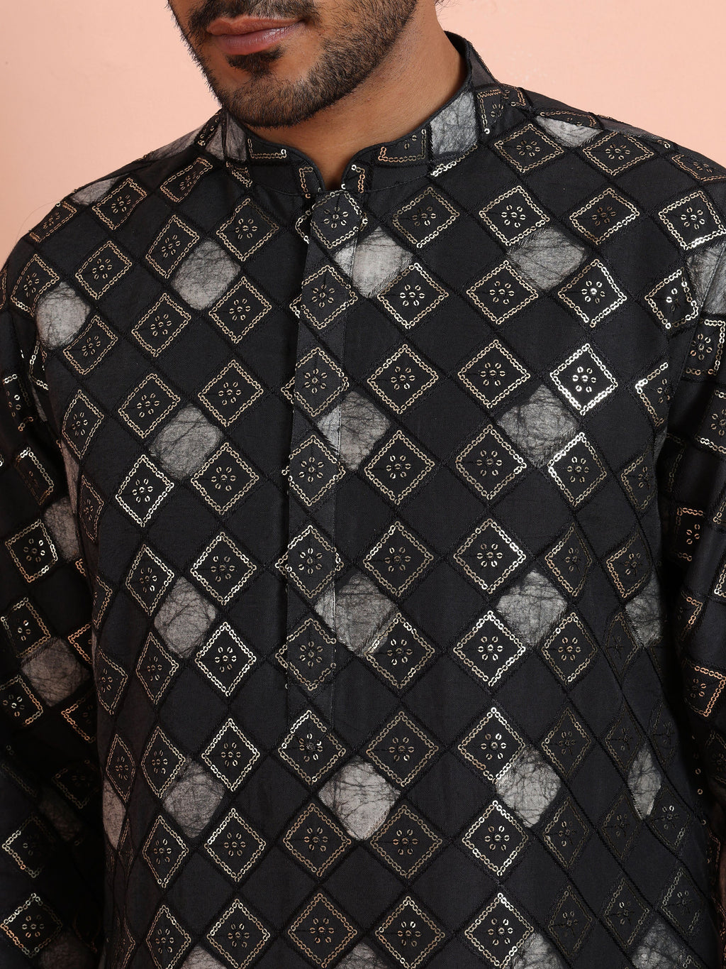 Black Chanderi Cotton Printed Kurta Trouser Set
